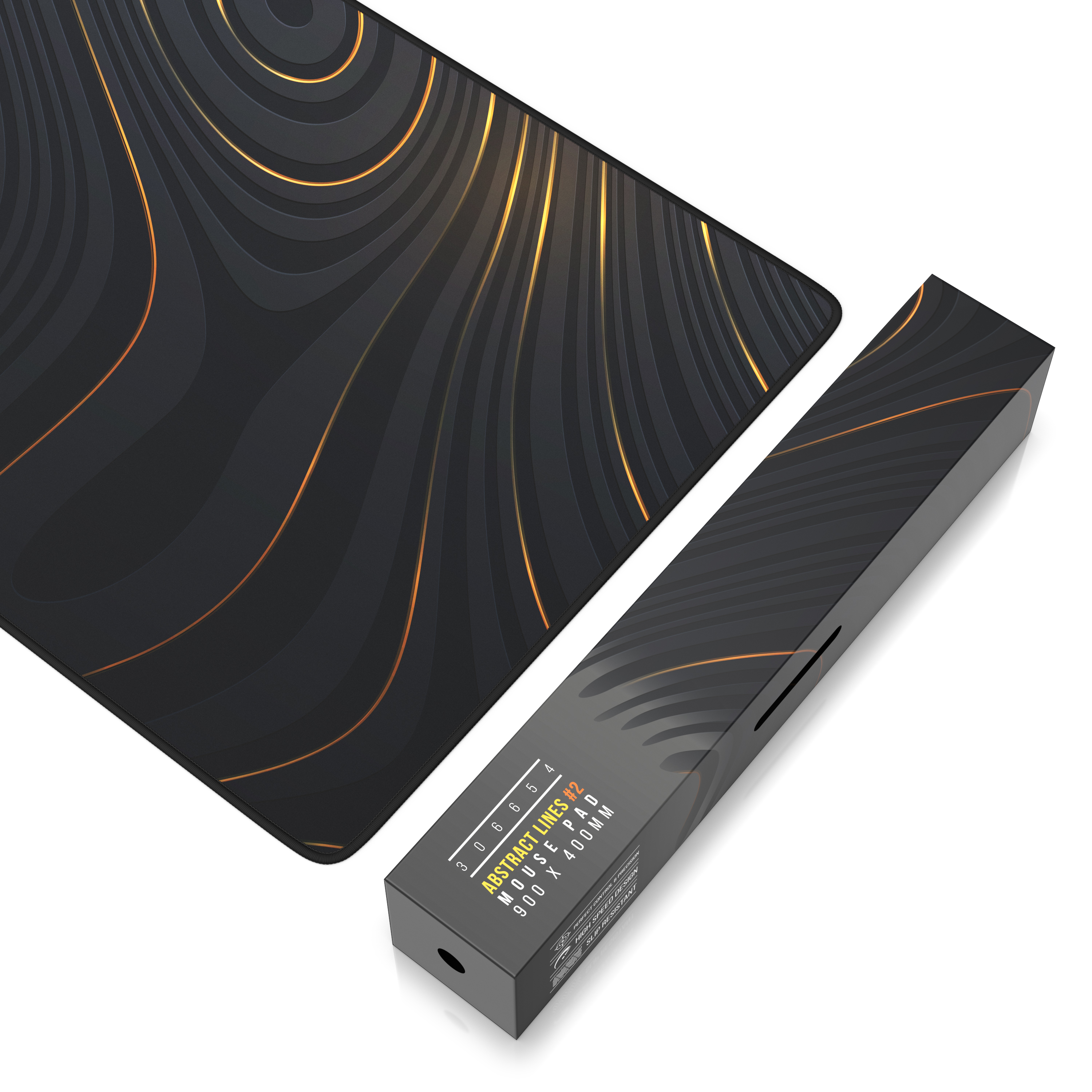 Ein großes schwarzes Mauspad mit goldenen Linien und seiner dazugehörigen Verpackungsbox auf weißem Grund.