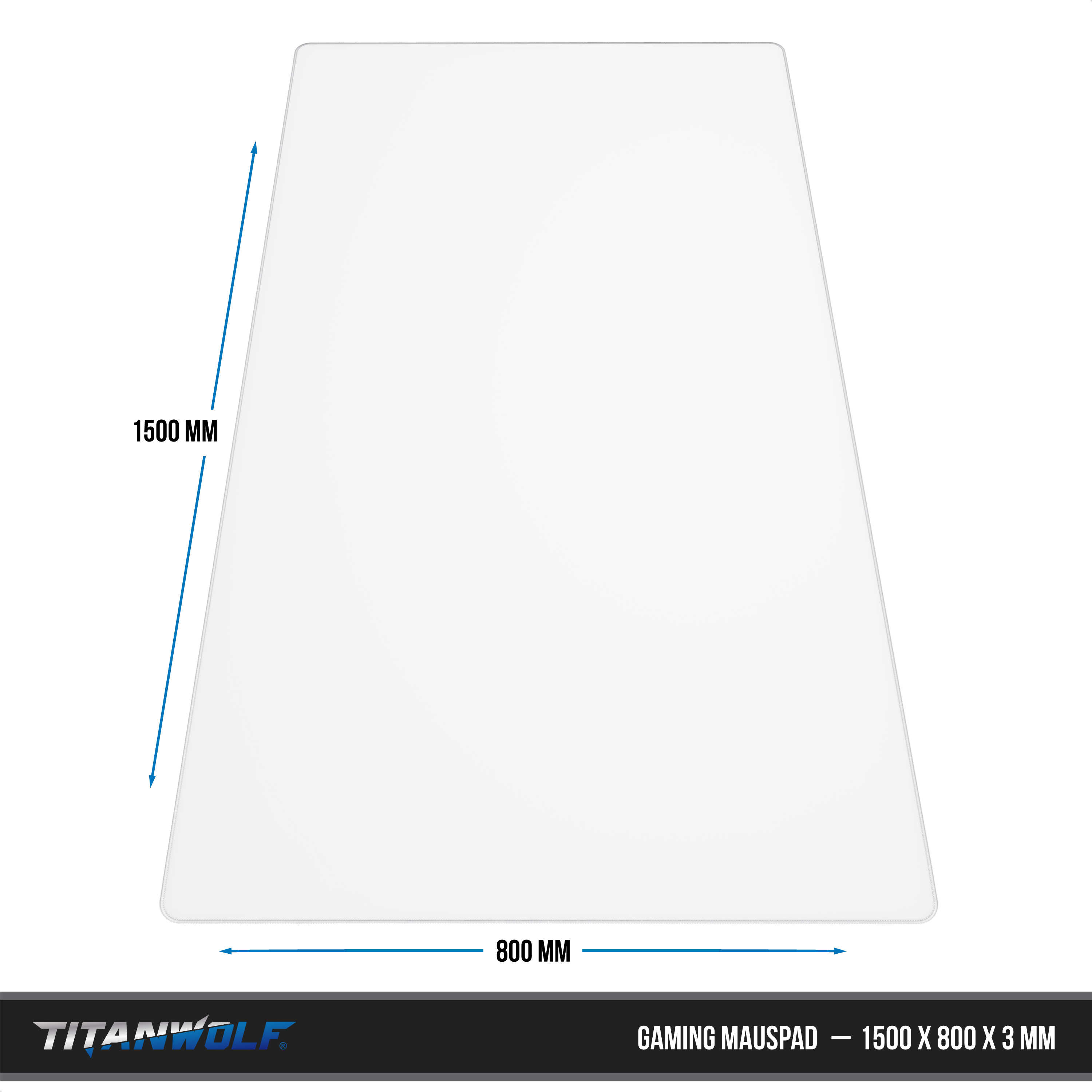 Diagramm zeigt Titanwolf Gaming-Mauspad mit Maßen 1500x800x3 mm auf schwarzem Hintergrund.