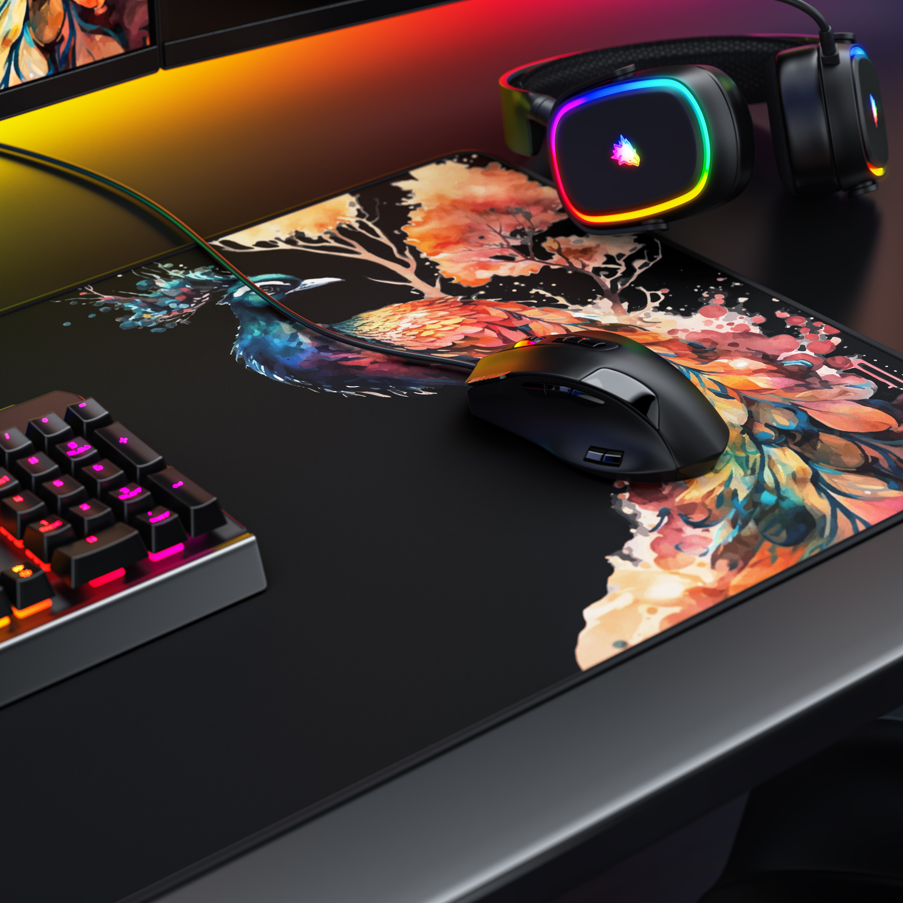 Ein Gaming-Schreibtisch mit Mauspad mit Pfauenmotiv, schwarzer Maus, beleuchteter Tastatur und RGB-Kopfhörern.