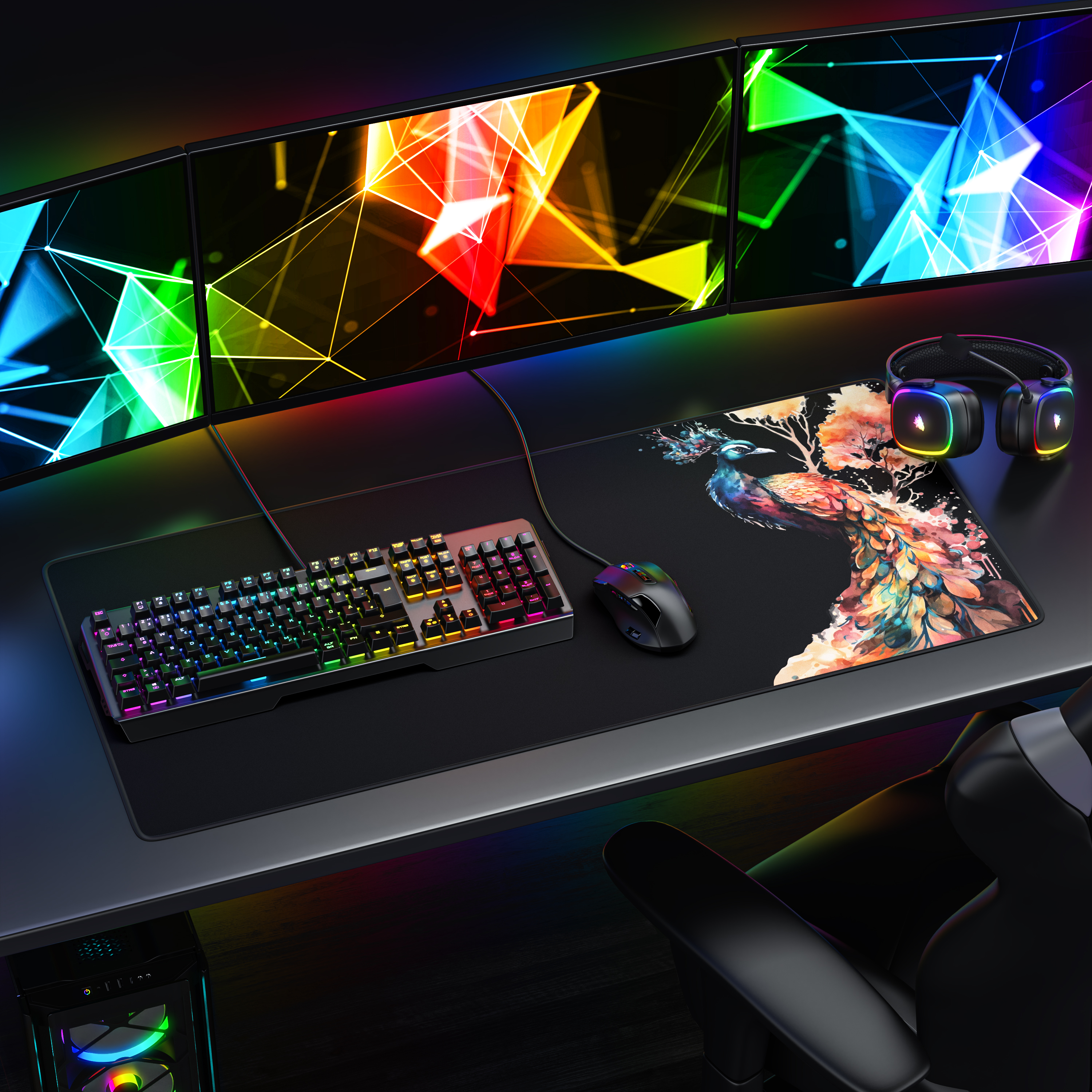 Gaming-Schreibtisch mit RGB-Tastatur, Maus, Kopfhörern, Pfauen-Mauspad und drei bunten Monitoren.