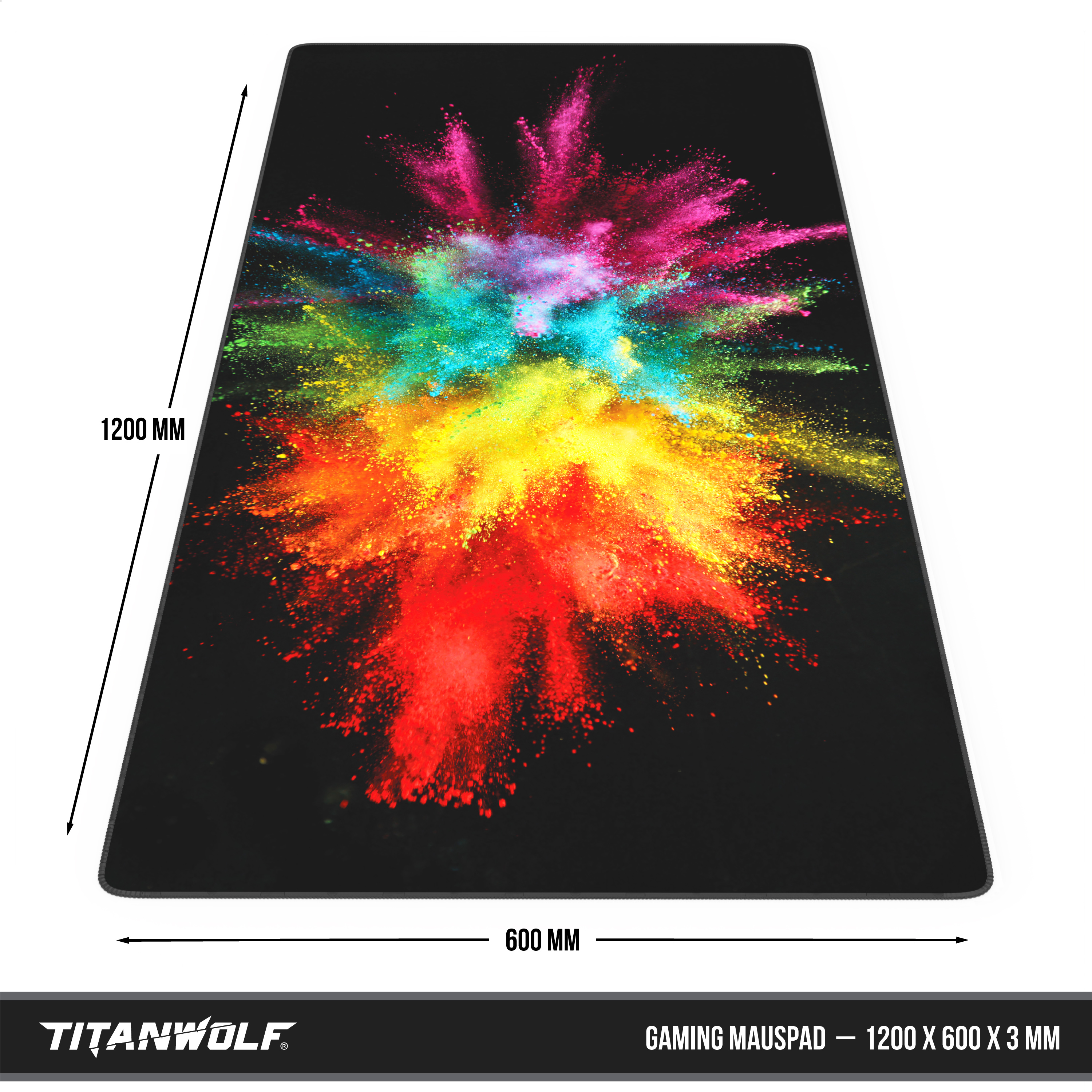Schwarzes Titanwolf Gaming-Mauspad mit farbiger Pulverexplosion und Maßen von 1200x600x3 mm.