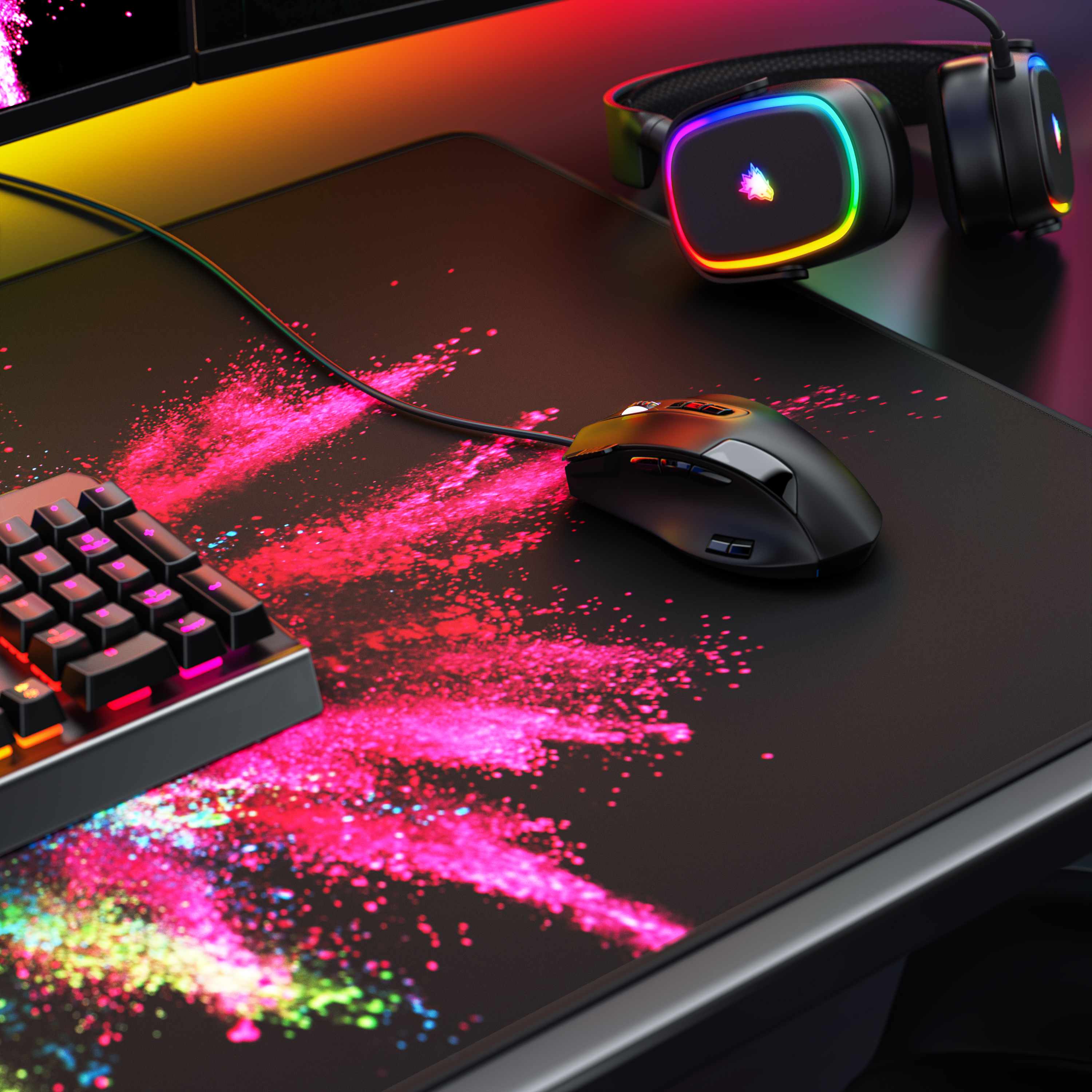 Gaming-Schreibtisch mit Maus, Tastatur und buntem RGB-Headset auf einer farbigen Unterlage.