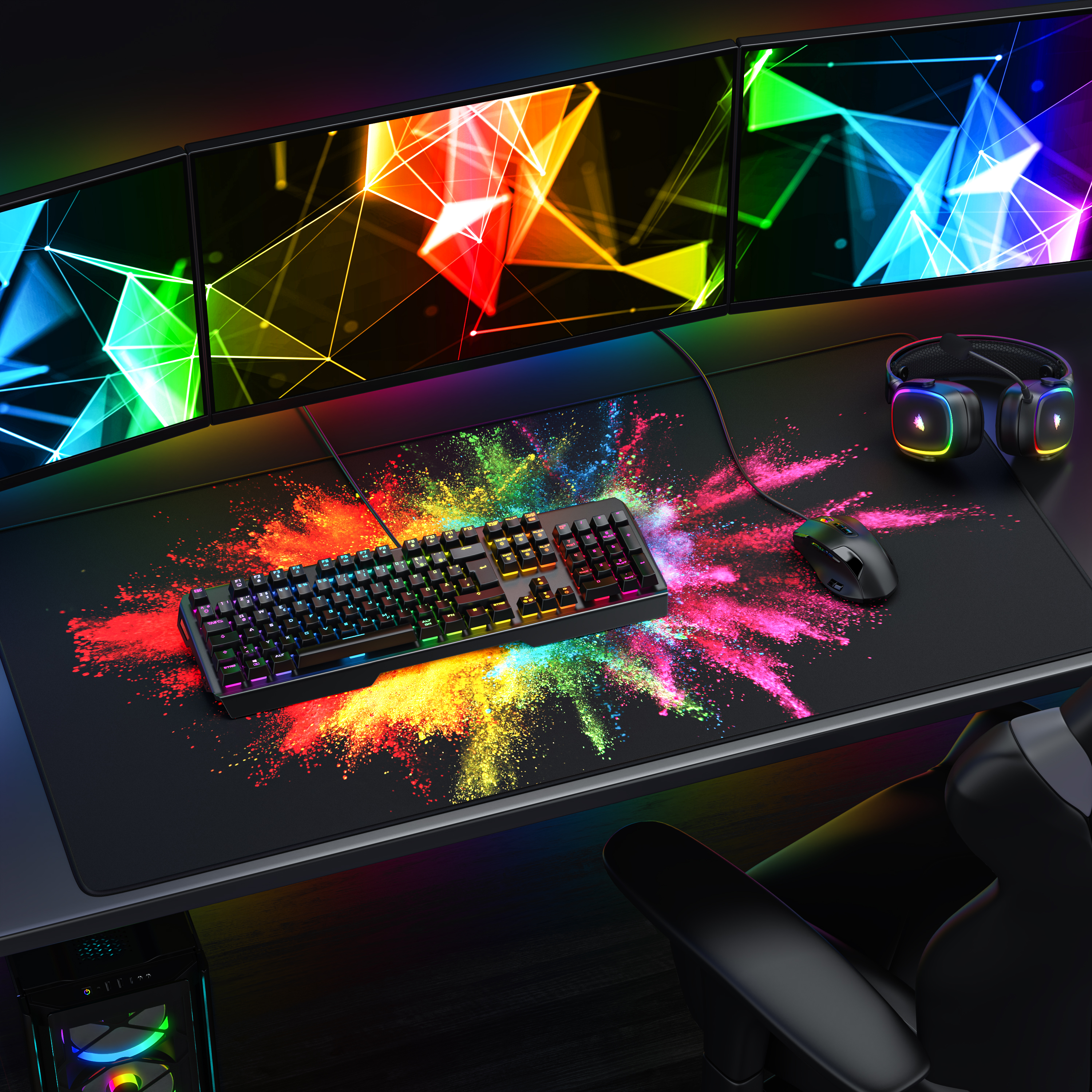 Gaming-Setup mit Tastatur, Maus und Headset auf einem bunten Mauspad unter drei Monitoren.