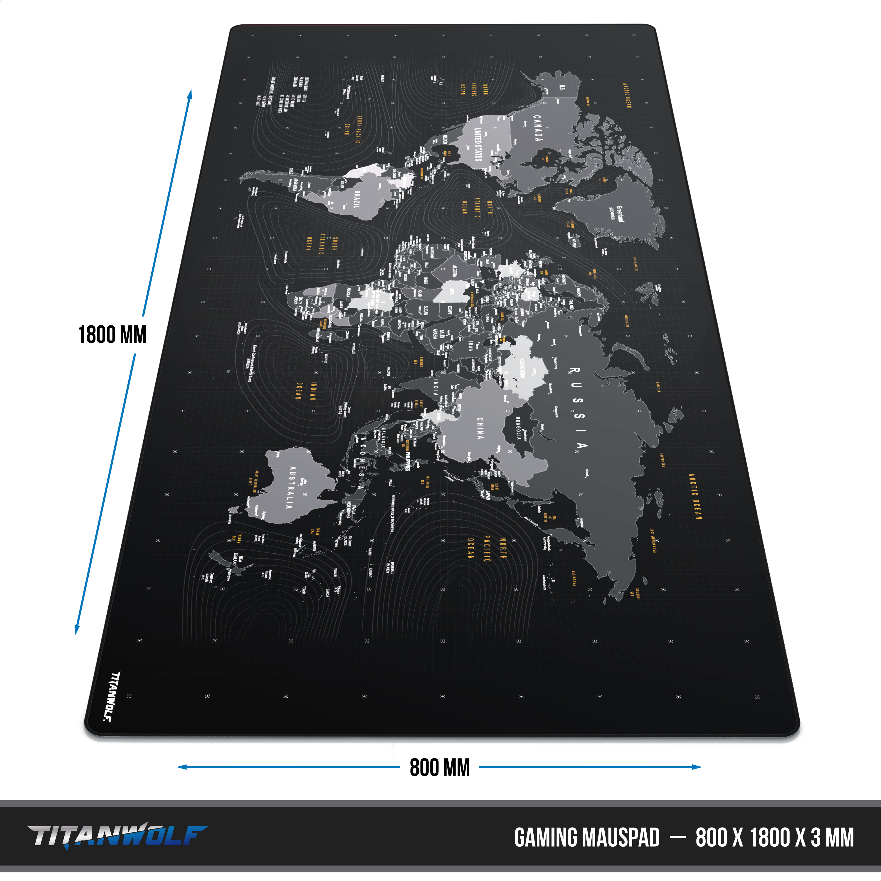 Schwarzes Titanwolf Gaming-Mauspad mit Weltkarte und Abmessungen von 800x1800x3 mm.