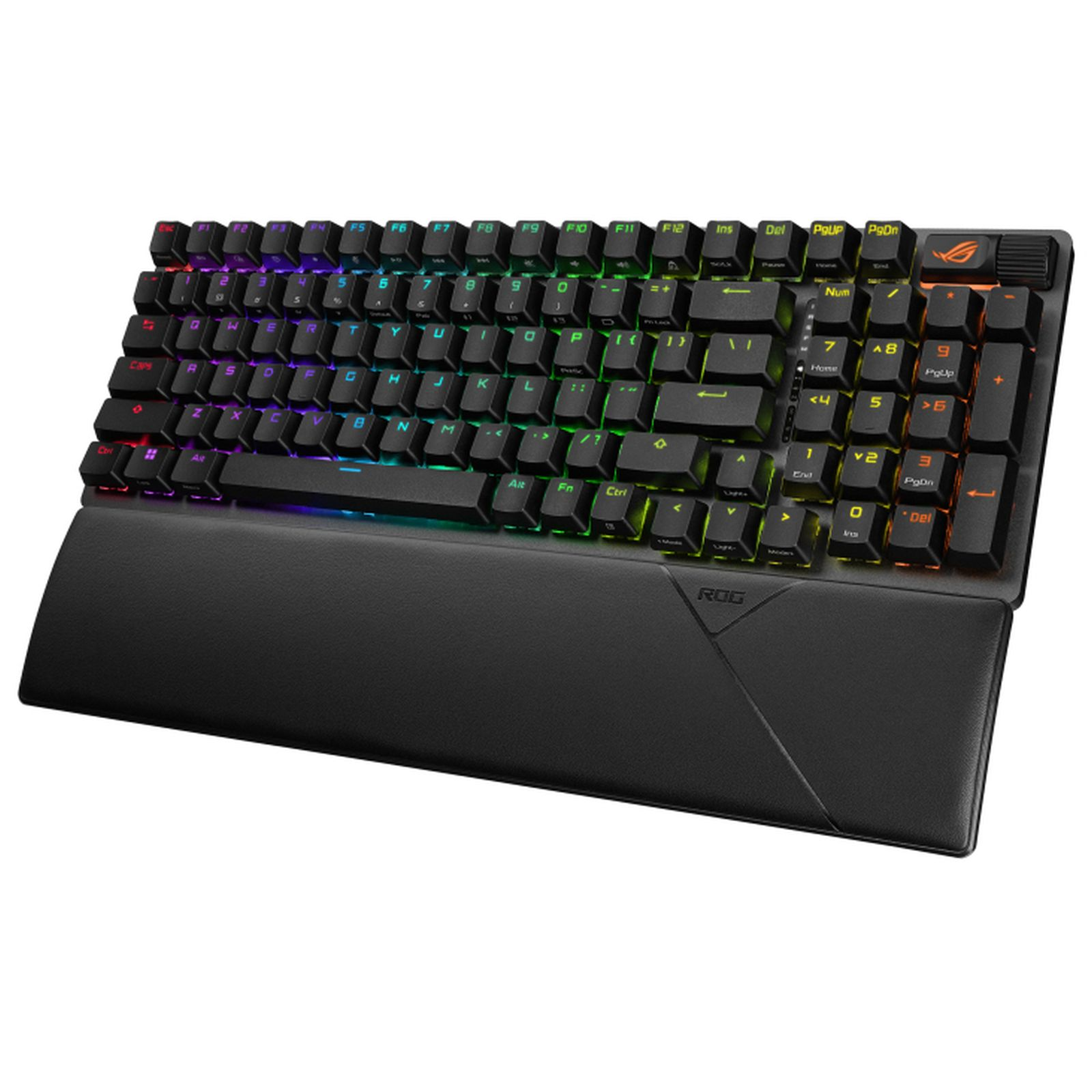 Schwarze ROG-Gaming-Tastatur mit RGB-Hintergrundbeleuchtung und integrierter Handballenauflage.