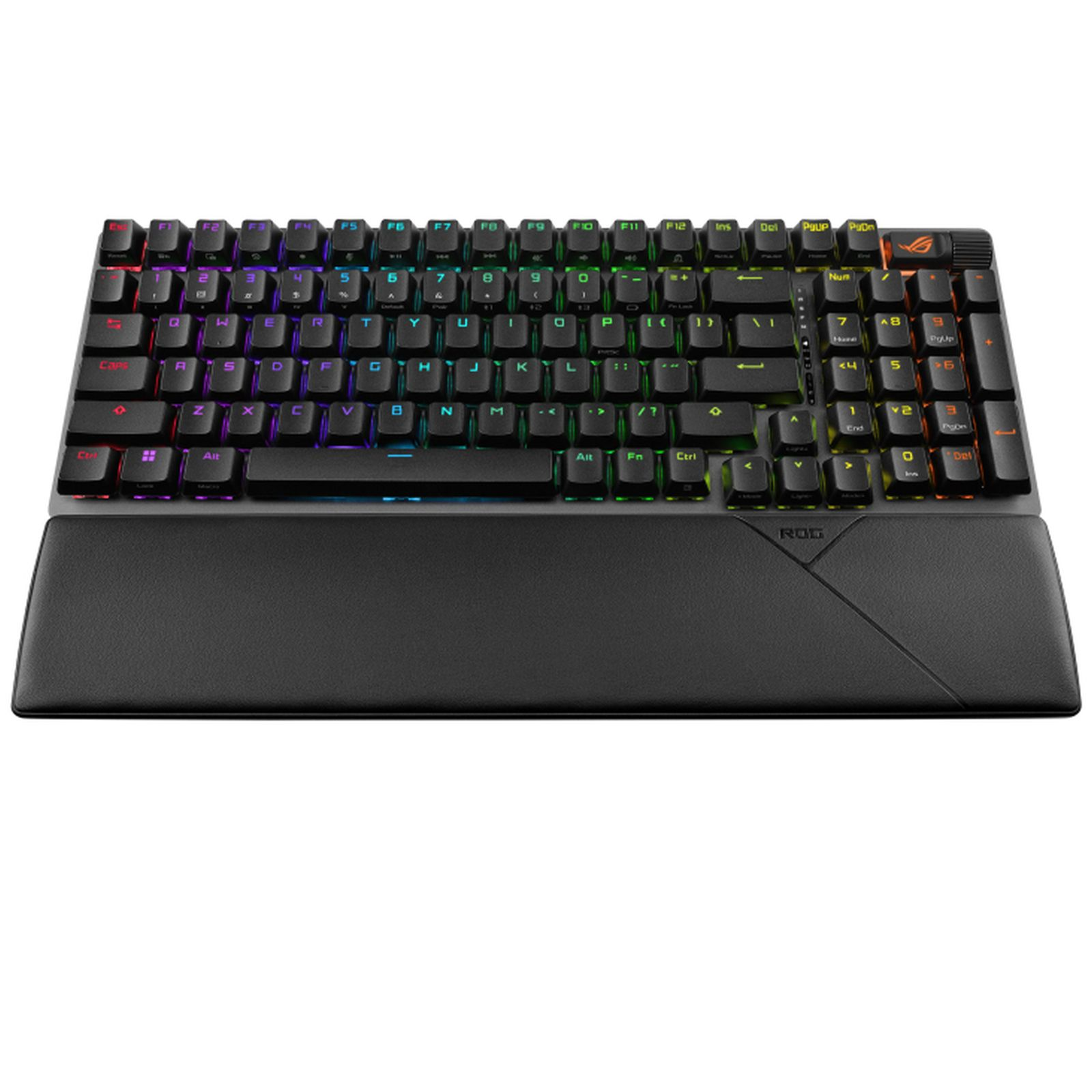 Eine schwarze mechanische Gaming-Tastatur mit lebendiger RGB-Beleuchtung und abnehmbarer gepolsterter Handballenauflage.