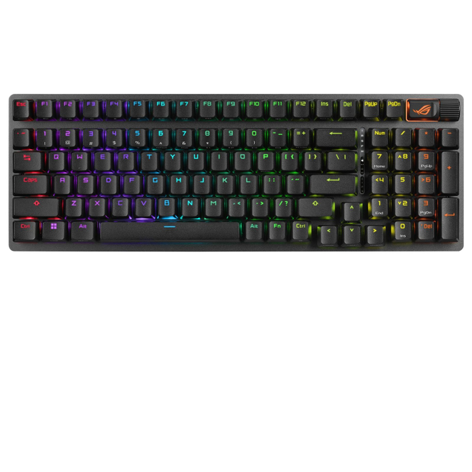 Eine kompakte, schwarze Gaming-Tastatur mit anpassbarer RGB-Hintergrundbeleuchtung und einem Ziffernblock auf der rechten Seite.