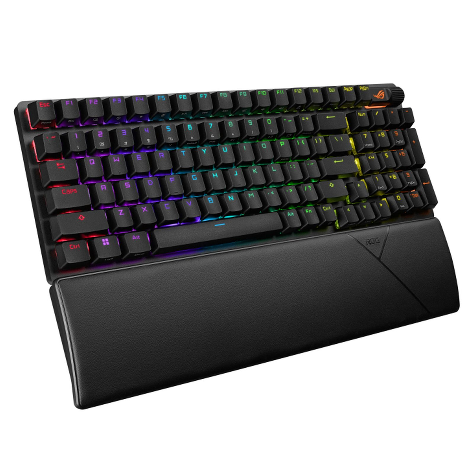 Schwarze Gaming-Tastatur mit RGB-Beleuchtung und abnehmbarer Handballenauflage auf weißem Hintergrund.