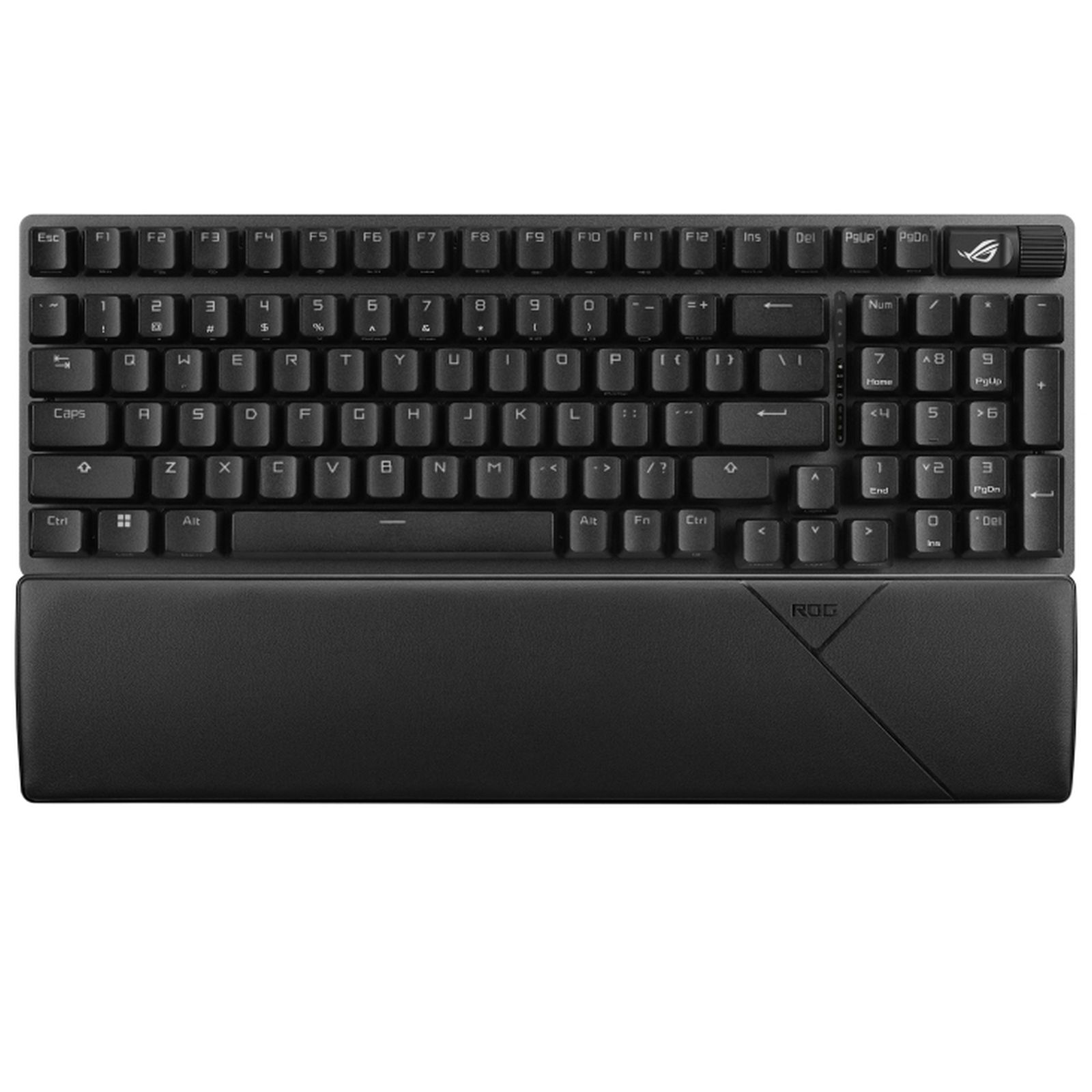 Eine schwarze mechanische Tastatur mit integrierter Handballenauflage auf weißem Hintergrund.
