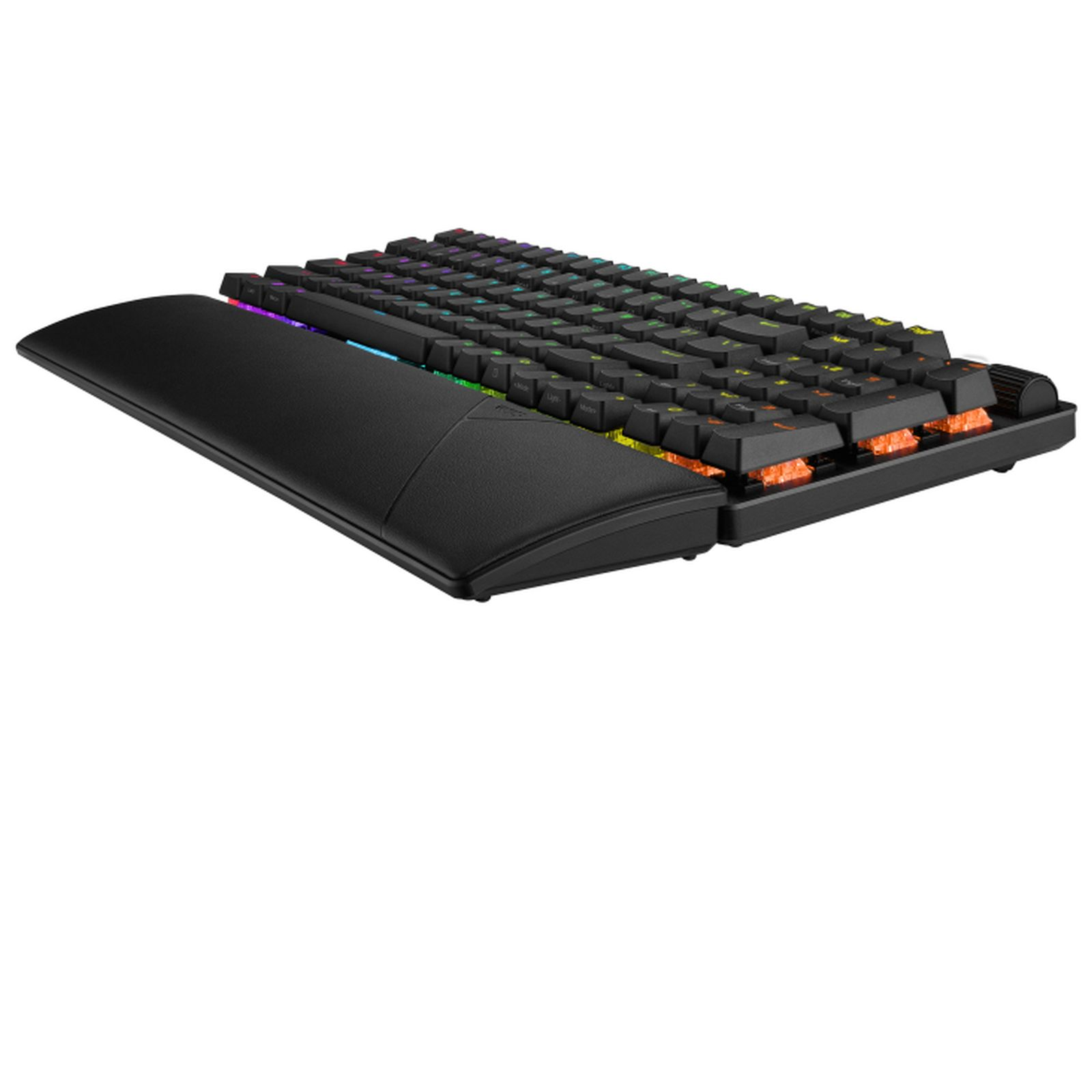 Eine schwarze mechanische Gaming-Tastatur mit RGB-Hintergrundbeleuchtung und einer abnehmbaren Handballenauflage.