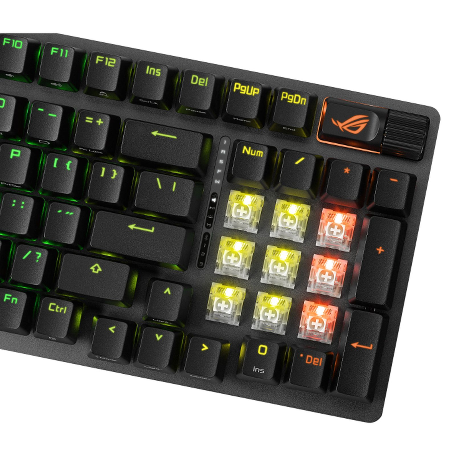 Schwarze Gaming-Tastatur mit anpassbarer RGB-Beleuchtung und freiliegenden Switches.