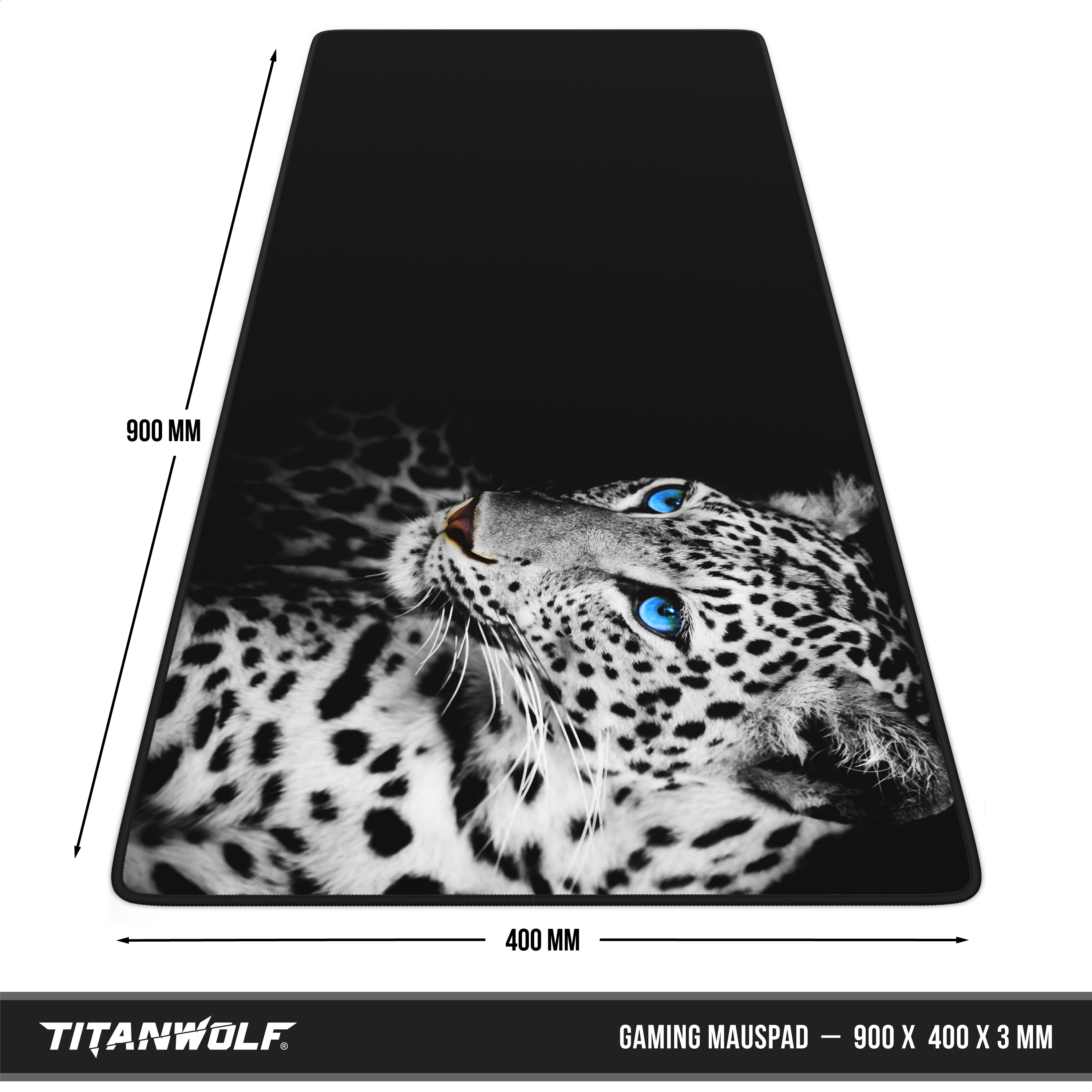 Titanwolf Gaming-Mauspad mit Leoparden-Grafik und 900x400 mm.