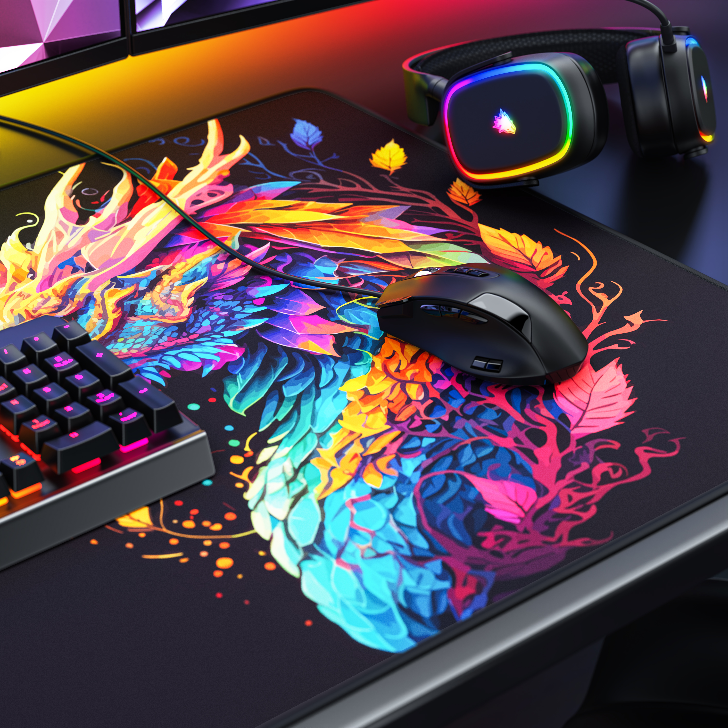 Gaming-Setup mit bunter Drachen-Mausmatte, schwarzer Maus, Tastatur und RGB-Kopfhörern.