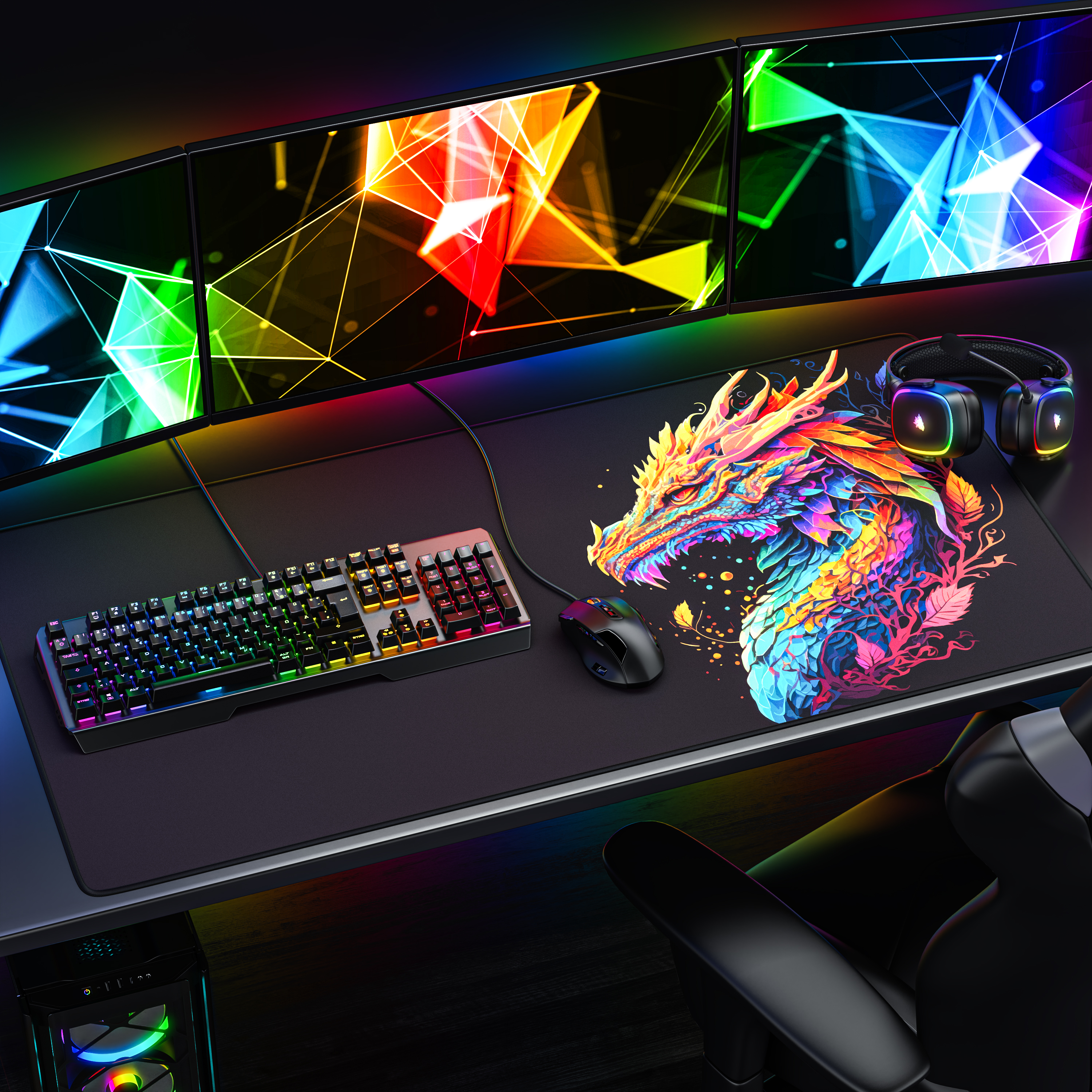 Gaming-Schreibtisch mit drei Monitoren, Tastatur, Maus, Headset und farbenfrohem Drachen-Mauspad.