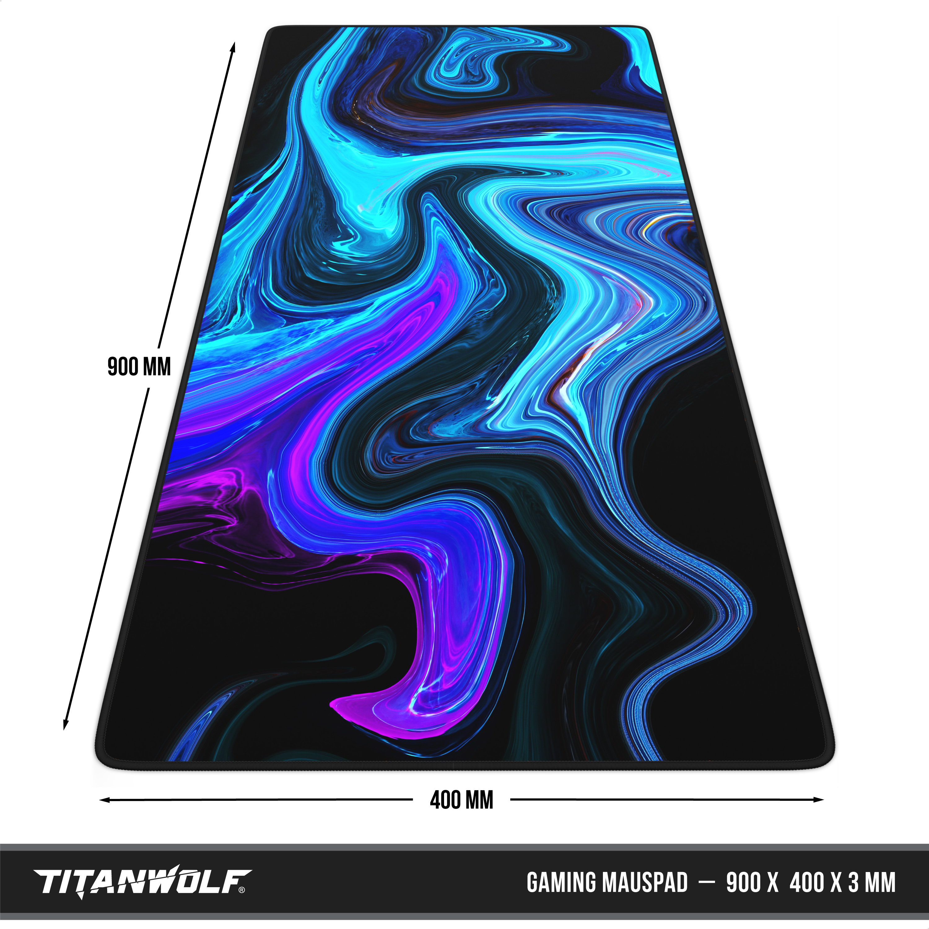 Großes Titanwolf Gaming-Mauspad mit blau-violettem abstrakten Design, Maße 900x400x3 mm.