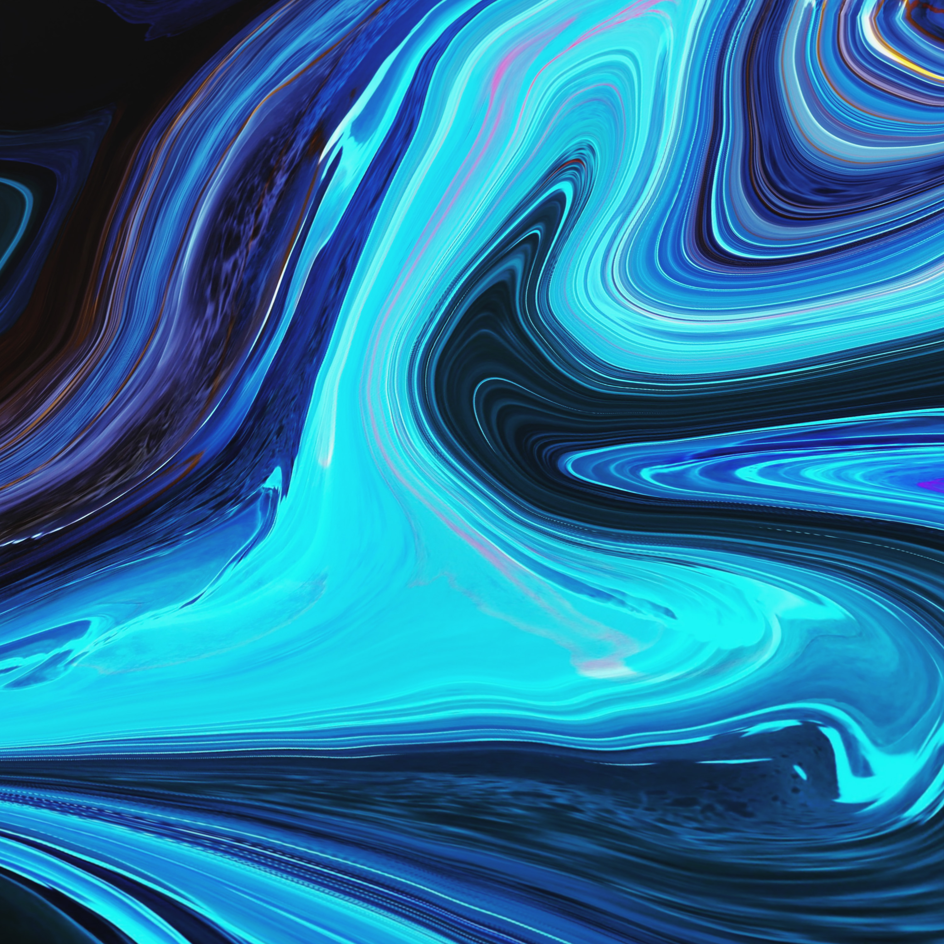 Abstrakte Kunst mit fließenden Wellen in Blau, Türkis und dunklen Tönen.