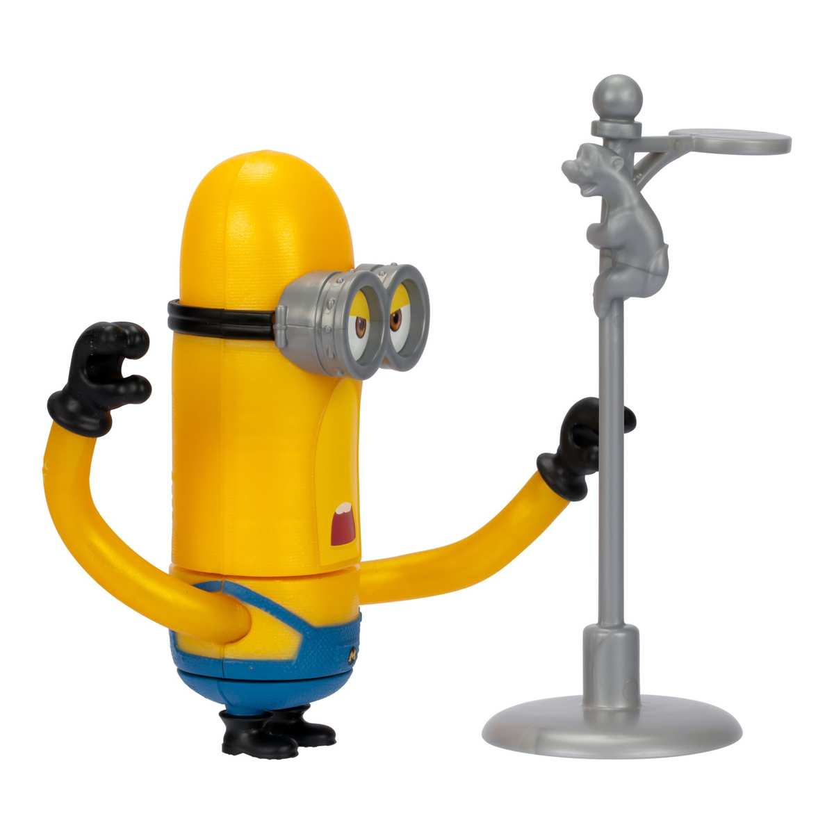 Un Minion giallo con salopette blu afferra un palo grigio con una piccola figura di animale.