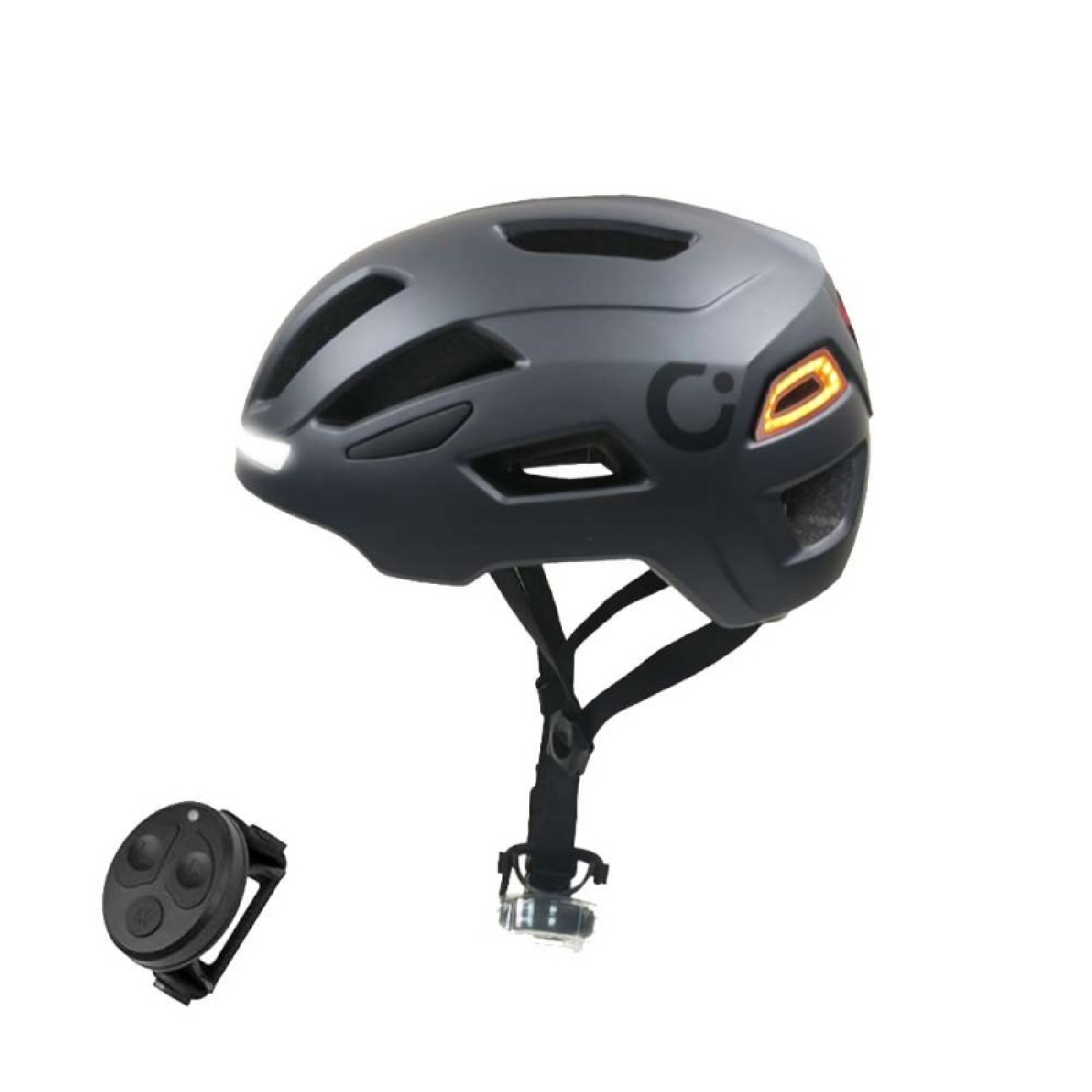 Un casco de bicicleta negro con luces delanteras y traseras integradas, y un control remoto inalámbrico para el manillar.