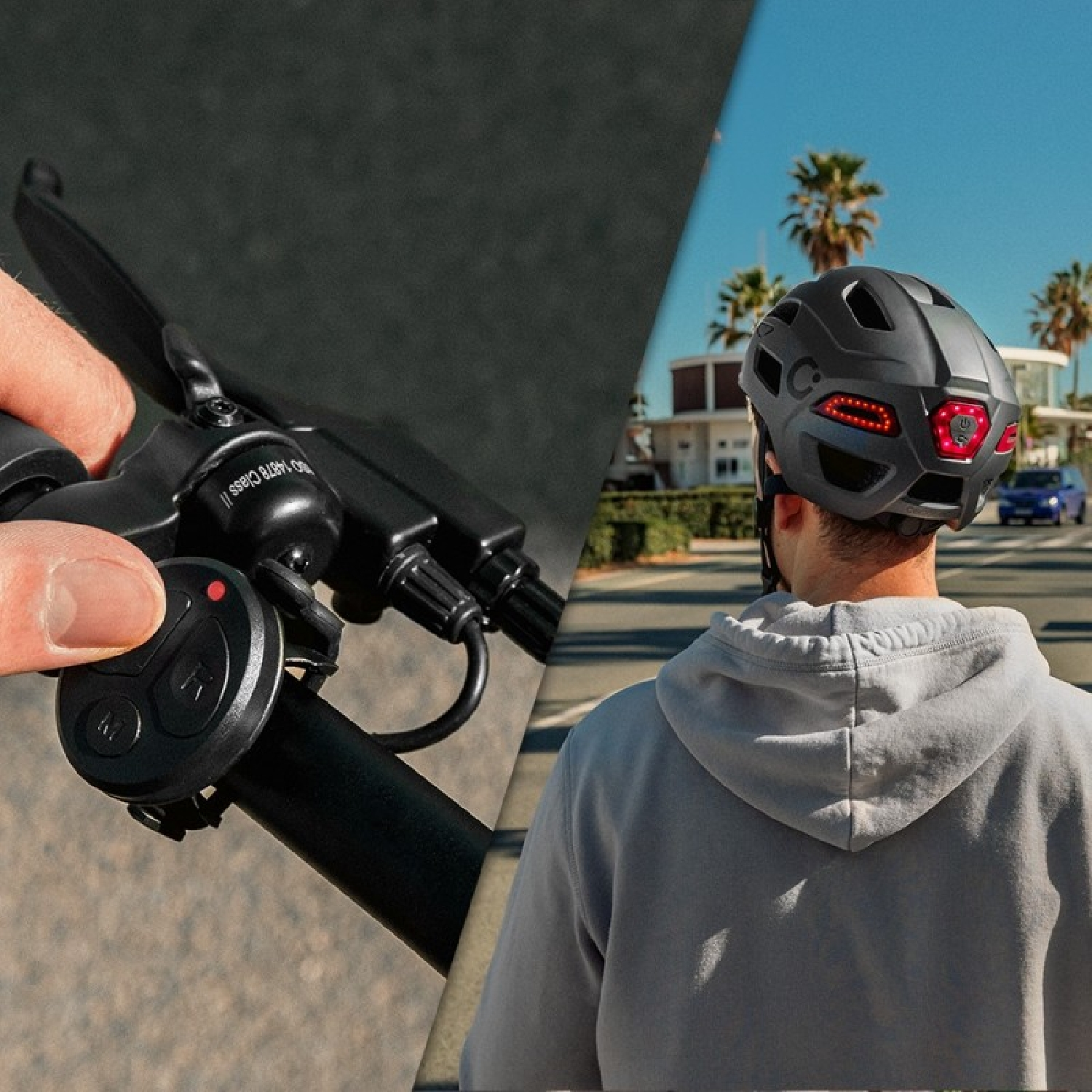 Mano opera controles de manillar; derecha muestra una persona con casco negro y luces LED rojas al aire libre.