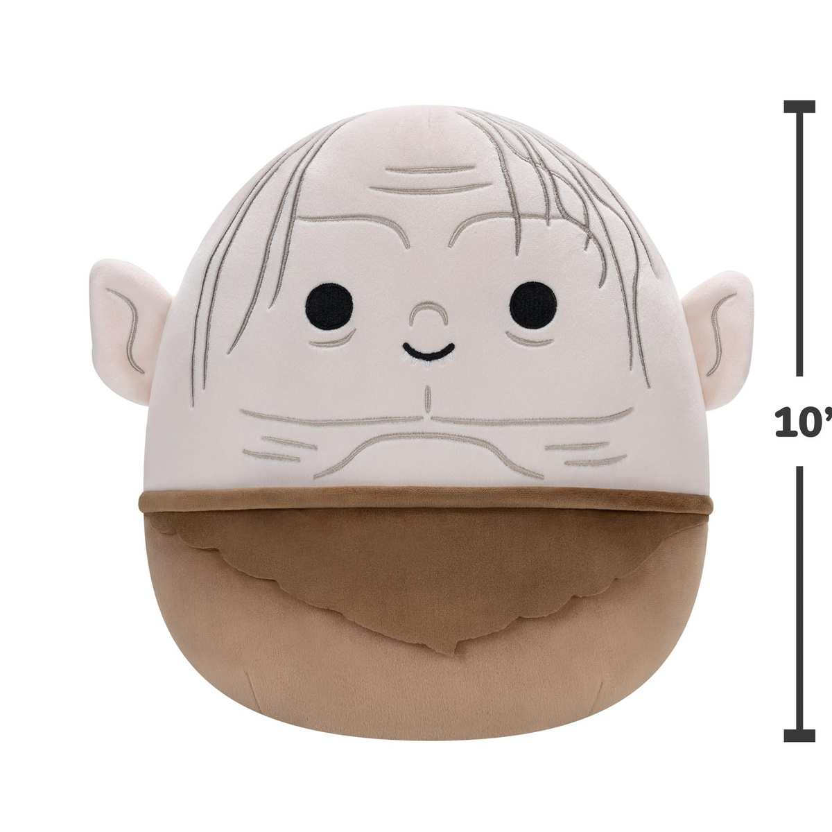 Runder Plüschball im Gollum-Design mit großen Augen, spitzigen Ohren und brauner Kleidung.