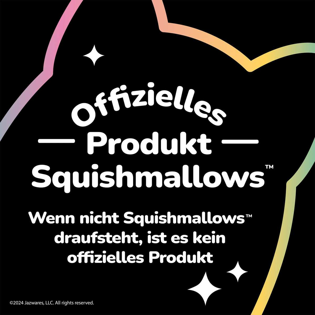 Offizielles Squishmallows Produkt Logo auf schwarzem Hintergrund mit bunten Rändern und Sternen.