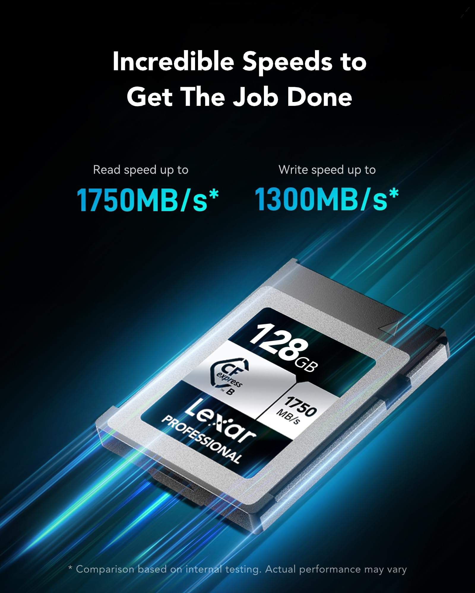 Lexar 128GB CFexpress B Speicherkarte mit 1750MB/s Lesegeschwindigkeit vor blauem Licht.