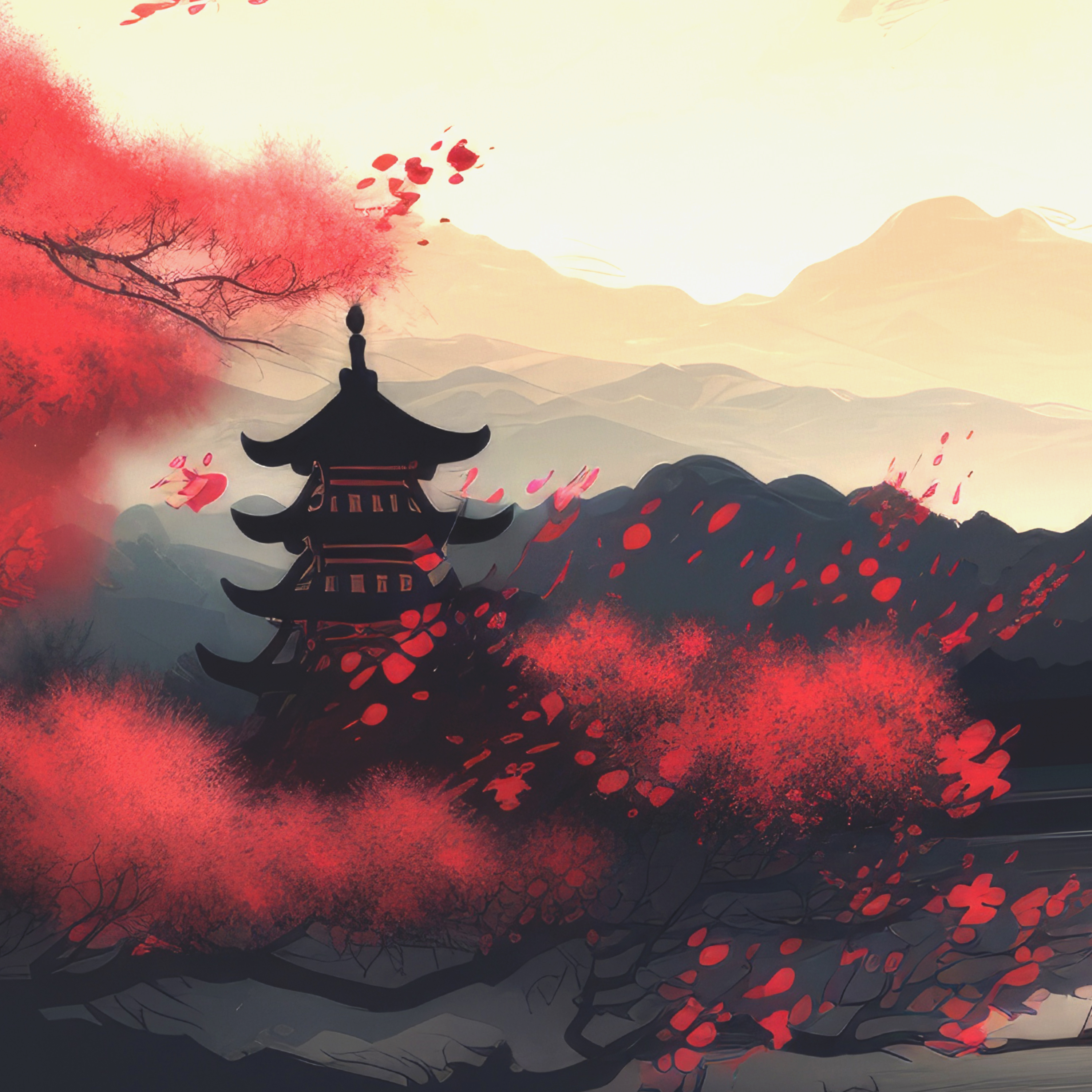 Eine japanische Pagode und rote Kirschblüten vor fernen Bergen.
