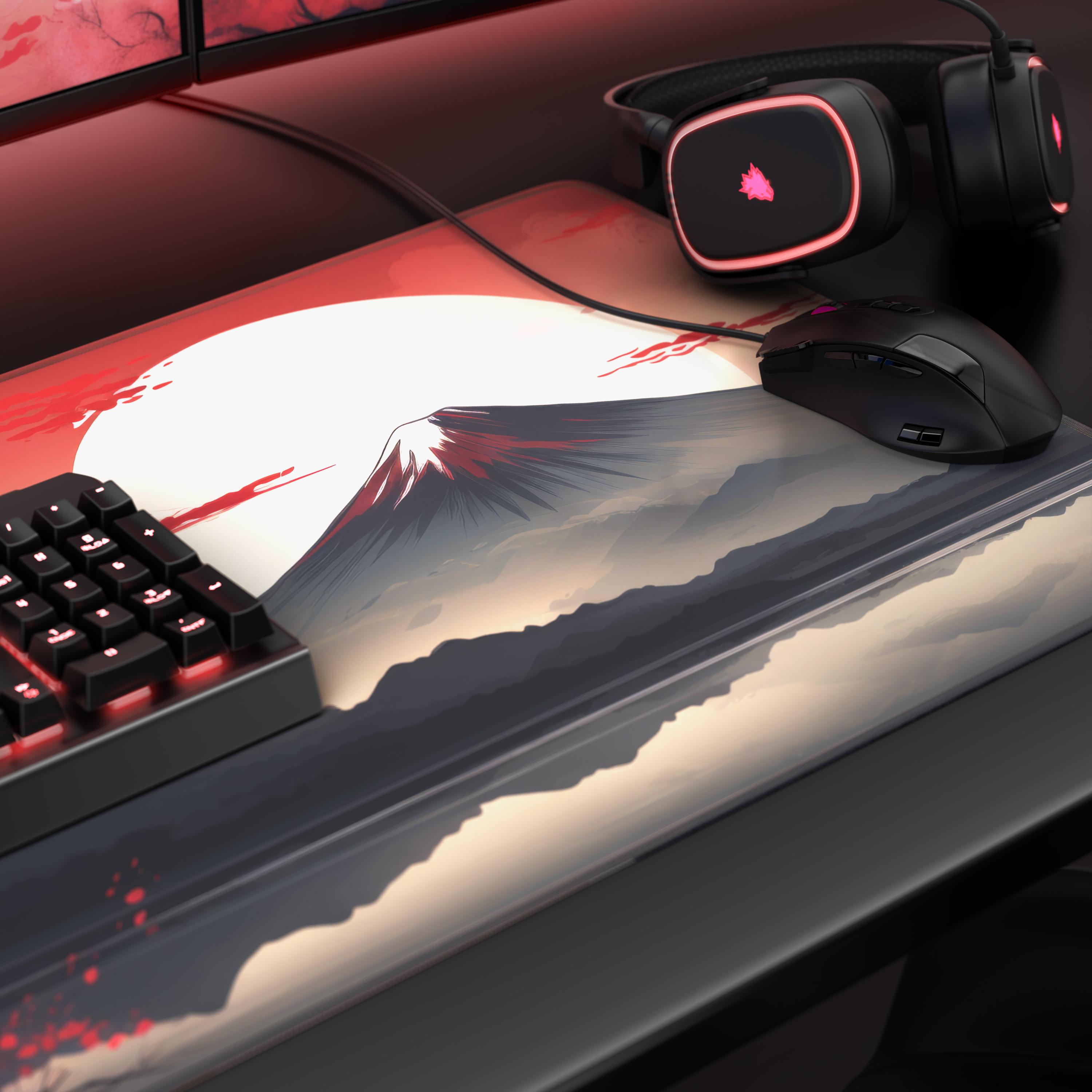 Gaming-Schreibtisch mit Mauspad mit Fuji-Motiv, schwarzer Maus, Tastatur und beleuchteten Kopfhörern.