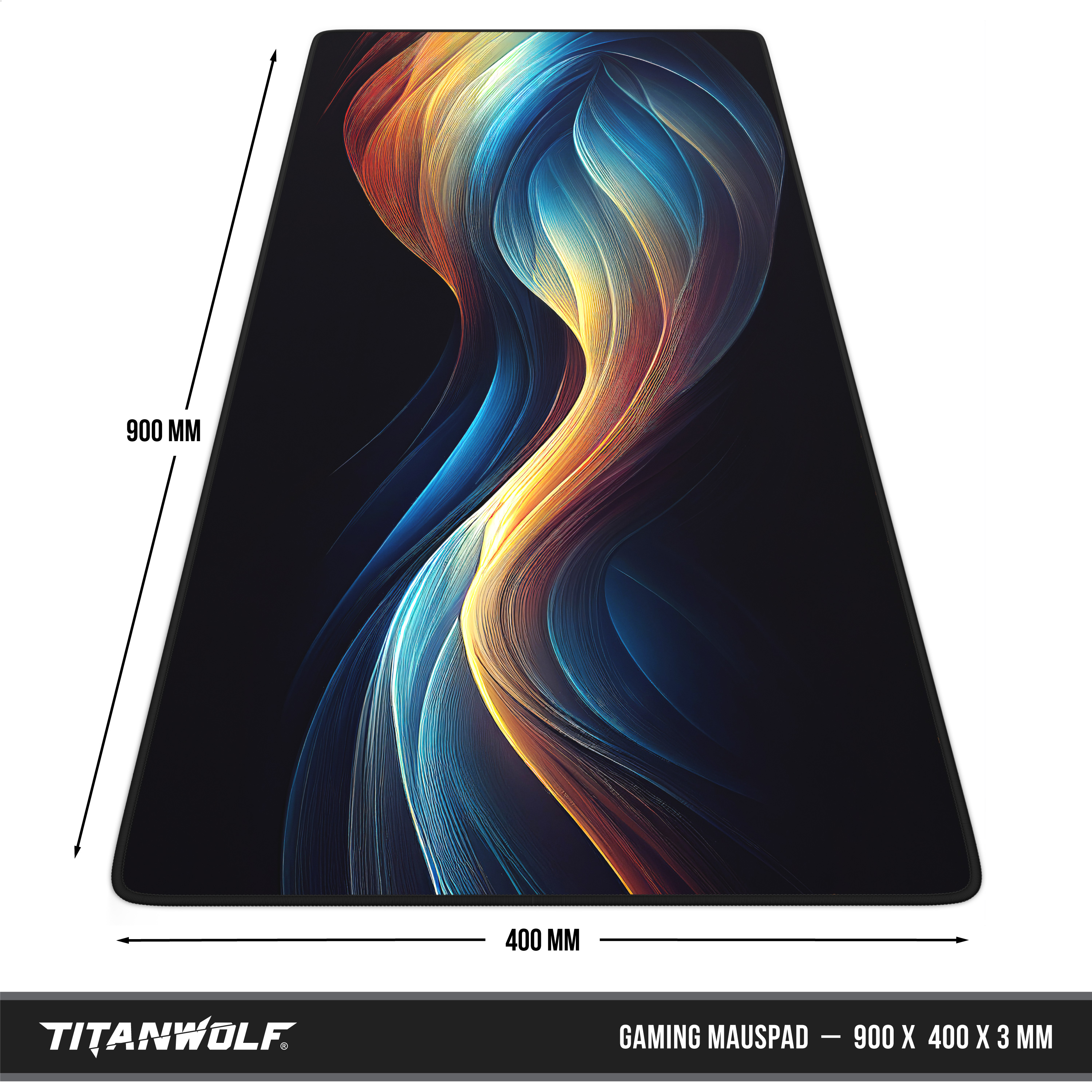 Titanwolf Gaming-Mauspad, 900x400x3 mm, mit abstraktem, bunten Wirbeldesign auf schwarzem Grund.