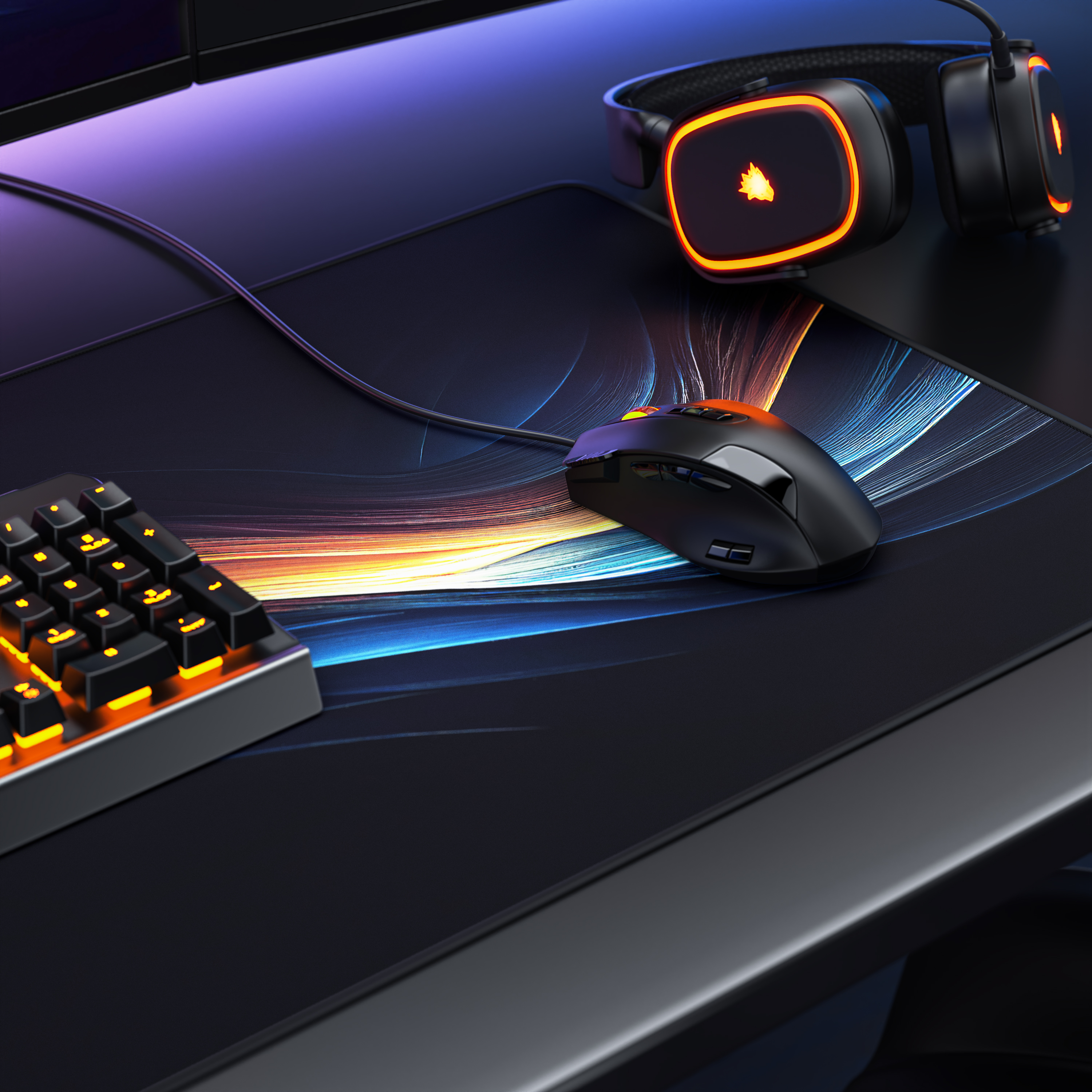 Gaming-Setup mit schwarzer Maus, Tastatur und leuchtend orangefarbenen Kopfhörern.