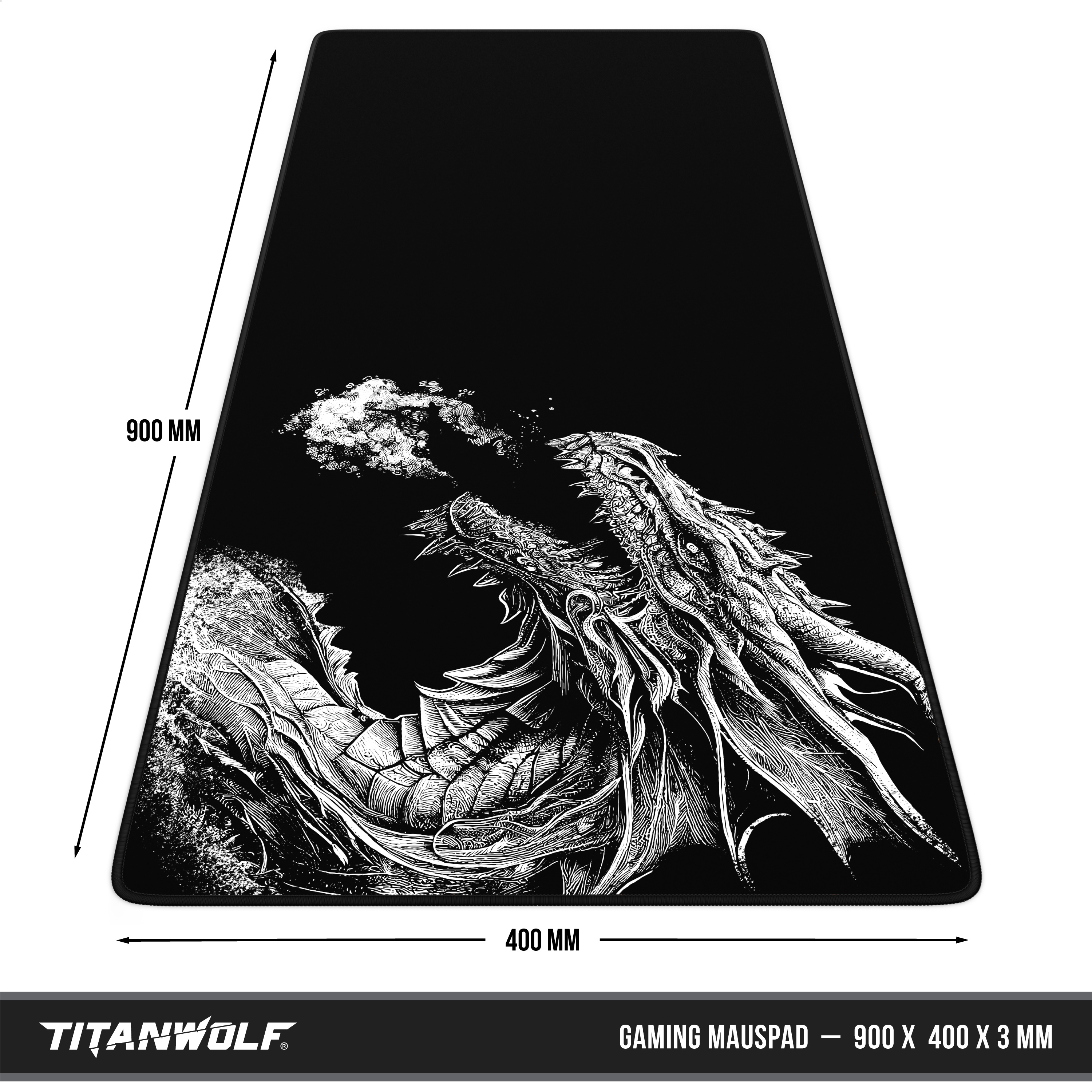 Schwarzes Titanwolf Mauspad mit einem weißen Drachen und Maßangaben.