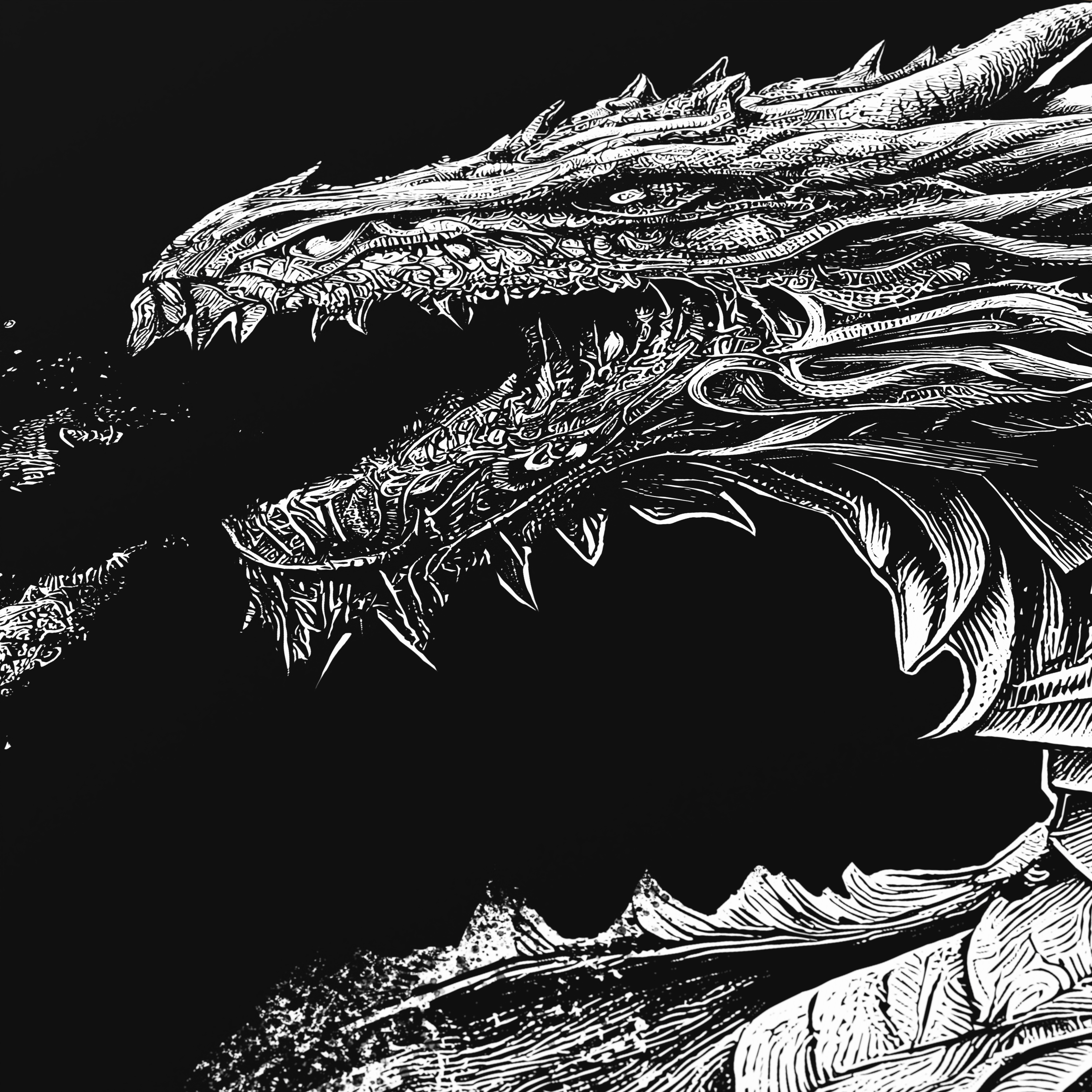 Eine detaillierte schwarz-weiße Illustration eines Drachenkopfes im Profil mit offenem Maul.