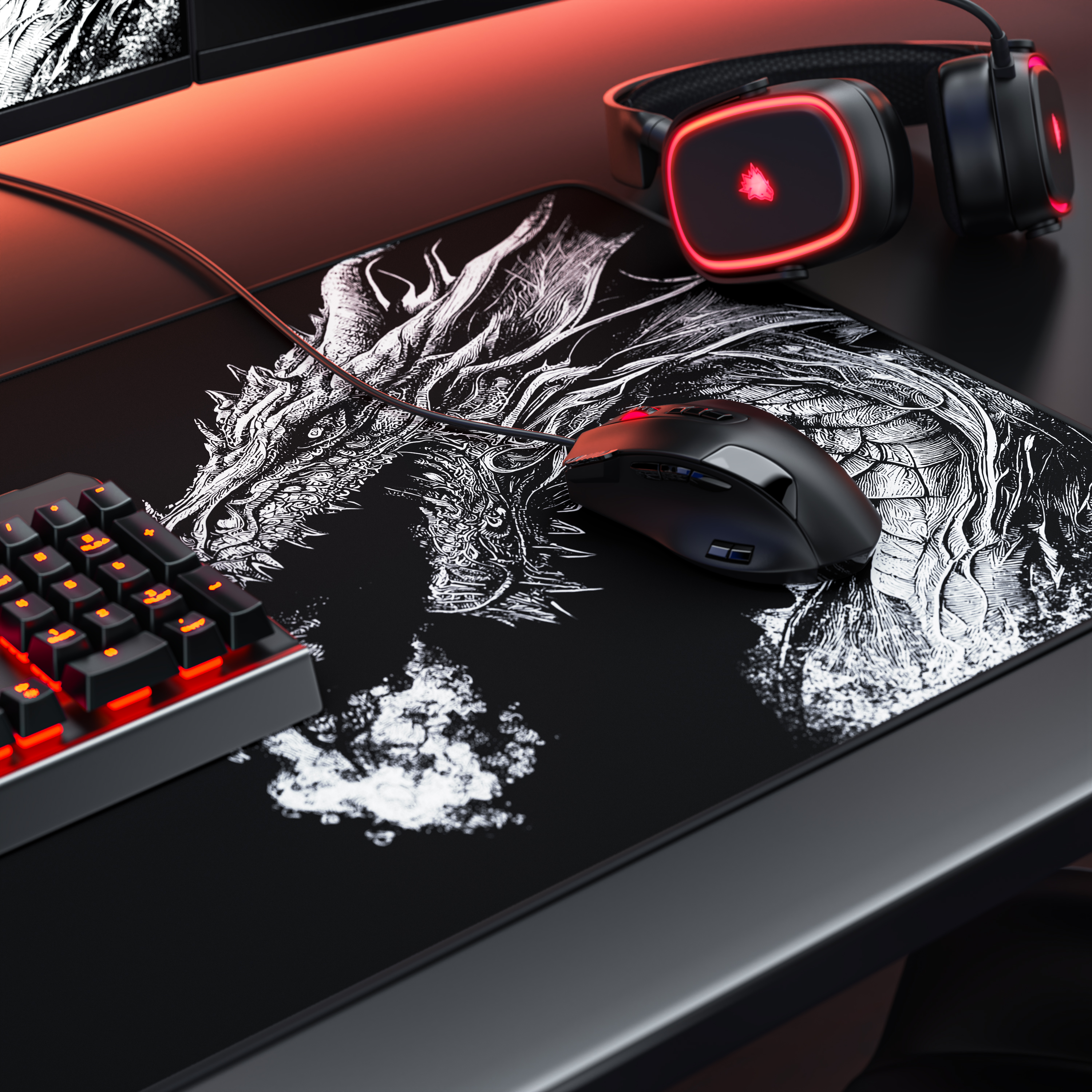 Gaming-Schreibtisch mit Mauspad mit Drachenmotiv, Maus, Tastatur und rot beleuchteten Kopfhörern.