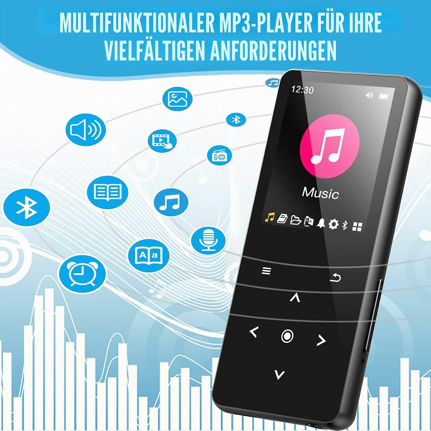 Ein schwarzer MP3-Player vor einem blauen Hintergrund mit Funktionssymbolen und deutscher Überschrift.