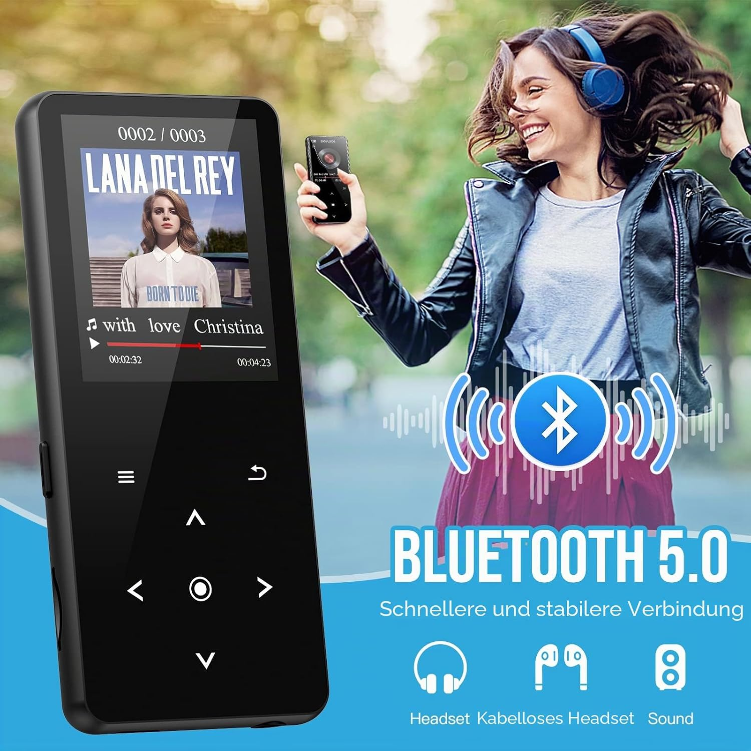 Eine Frau hört Musik mit Kopfhörern; links ist ein digitaler Musikplayer mit Bluetooth 5.0 abgebildet.