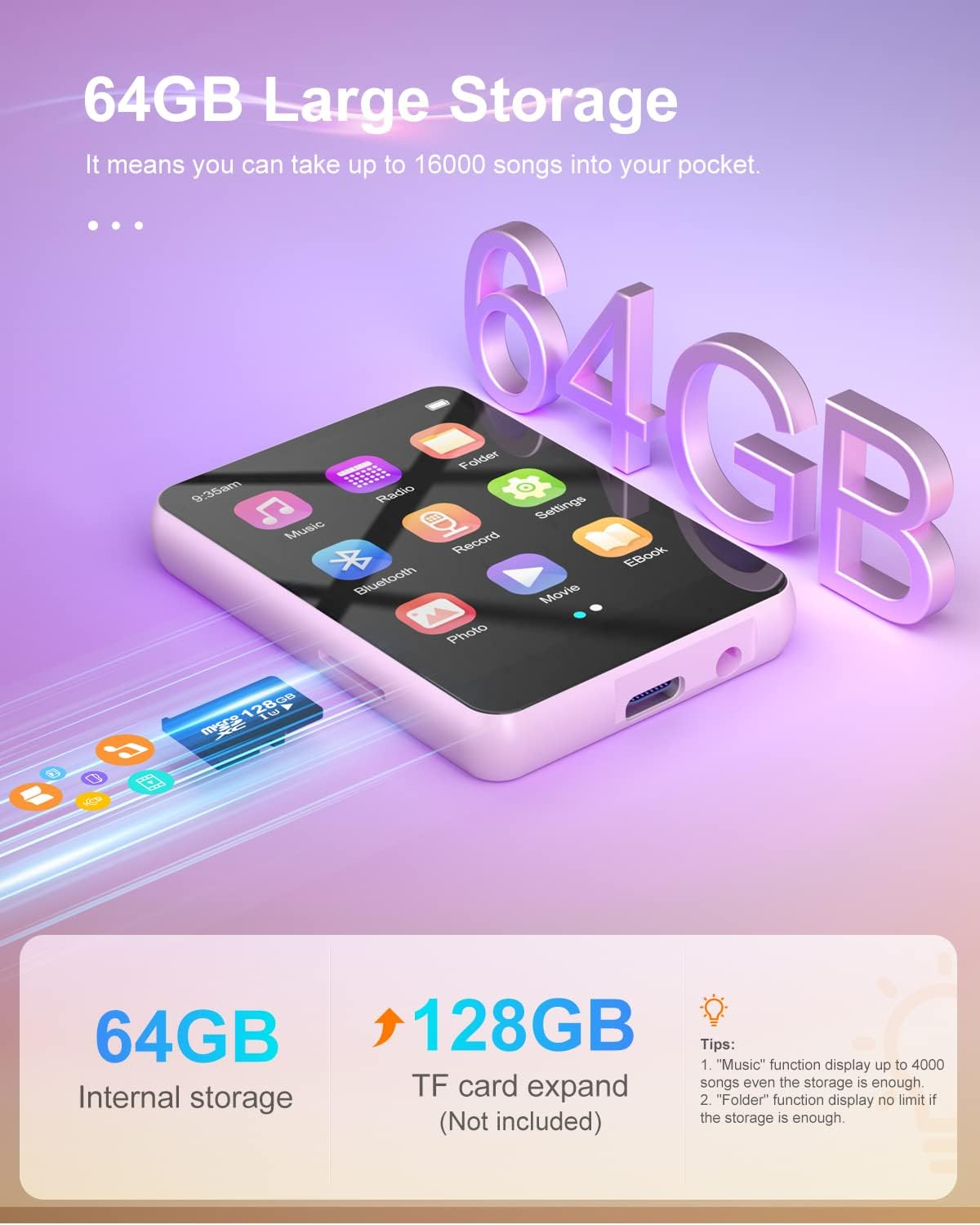 MP3-Player mit 64 GB Speicher und App-Icons, erweiterbar um 128 GB.