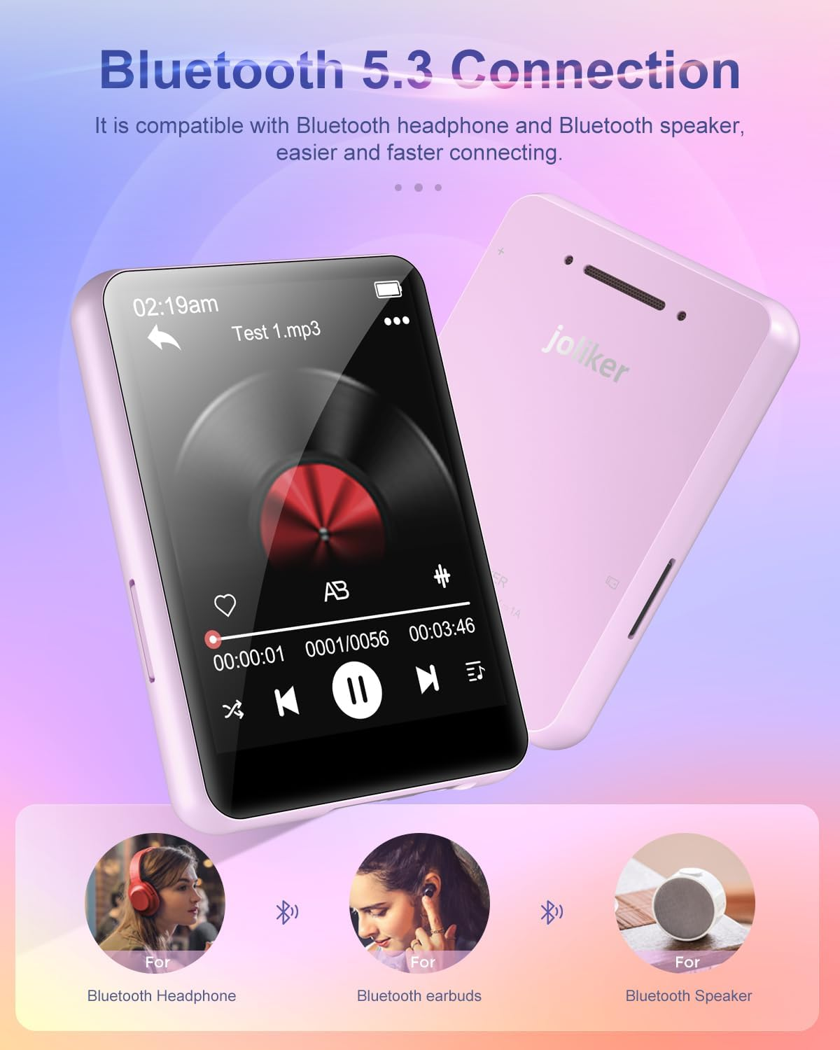Rosa MP3-Player mit Bluetooth 5.3 und Wiedergabe-Display.