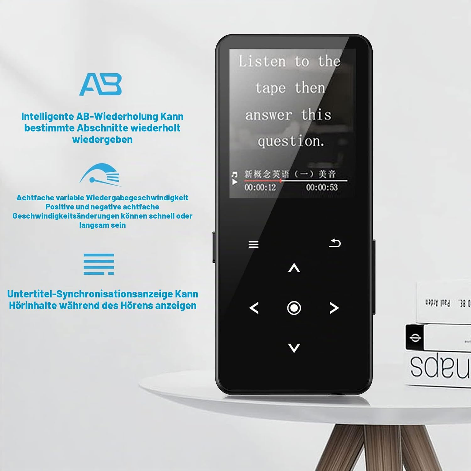 Ein schwarzer MP3-Player auf einem Tisch mit deutscher Feature-Beschreibung links.