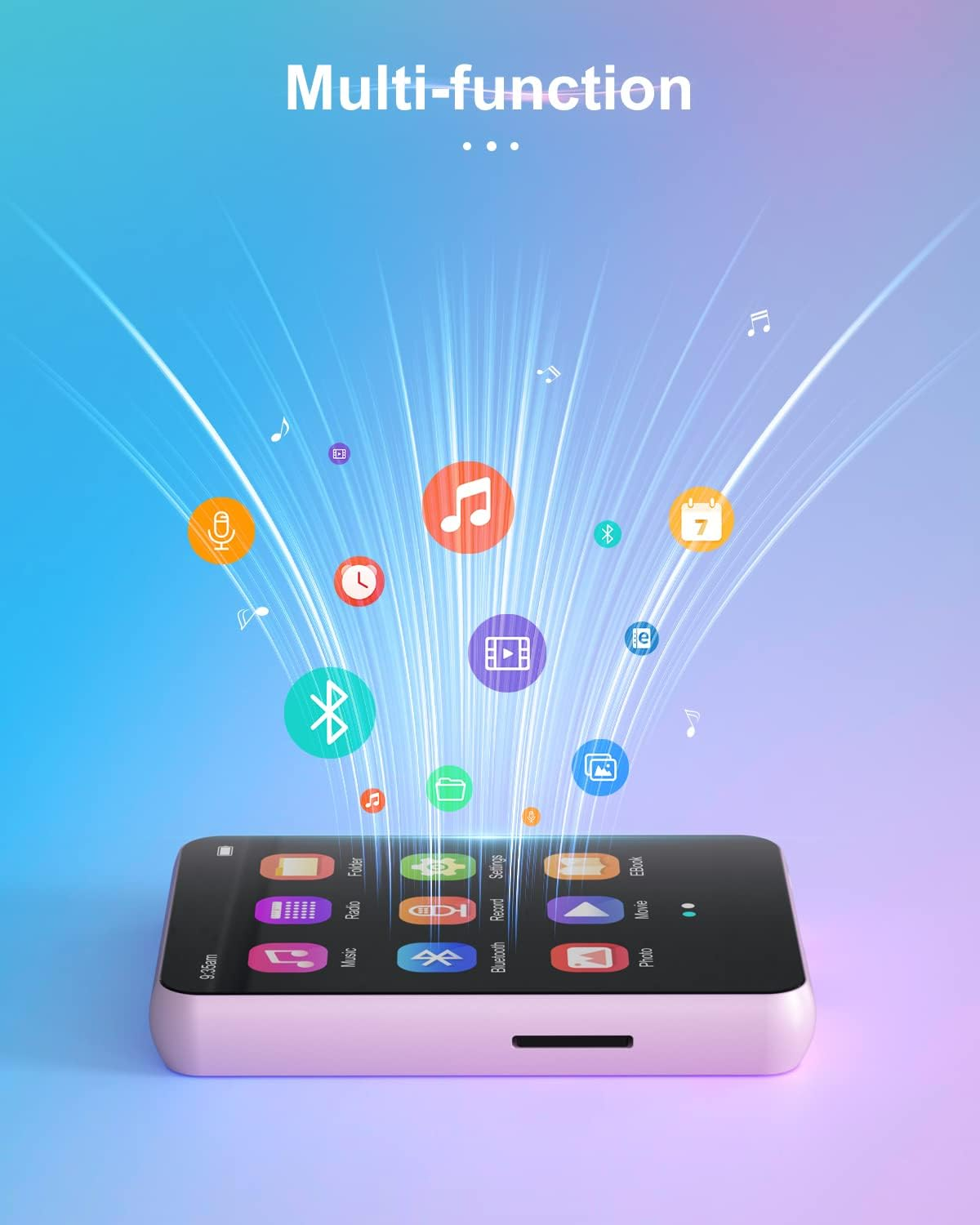 Ein violettes Multifunktionsgerät projiziert bunte App-Symbole und Lichtstrahlen auf einen farbigen Hintergrund.