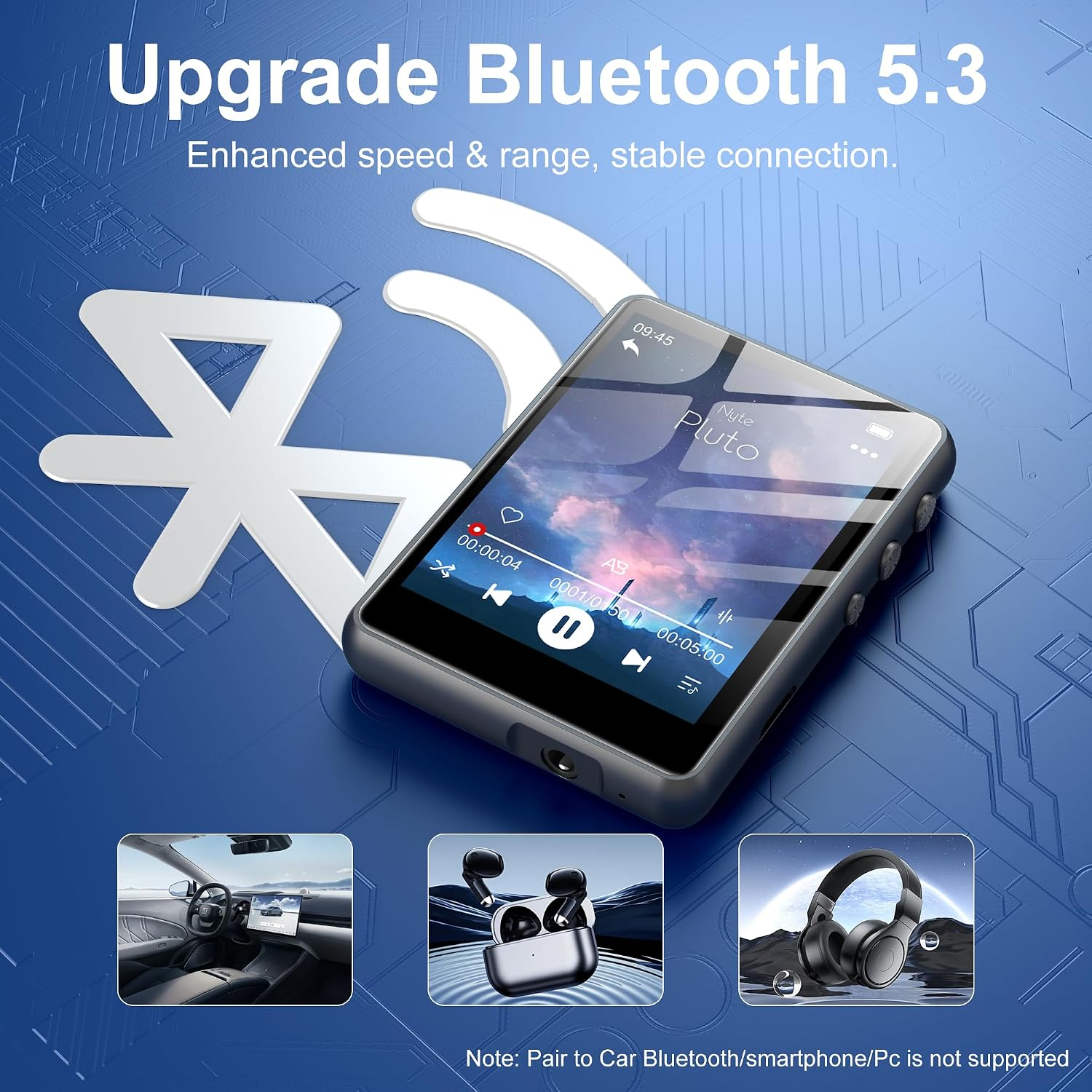 MP3-Player mit Bluetooth 5.3, Musikplayer-Bildschirm, In-Ear-Kopfhörern und Over-Ear-Kopfhörern auf blauem Hintergrund.