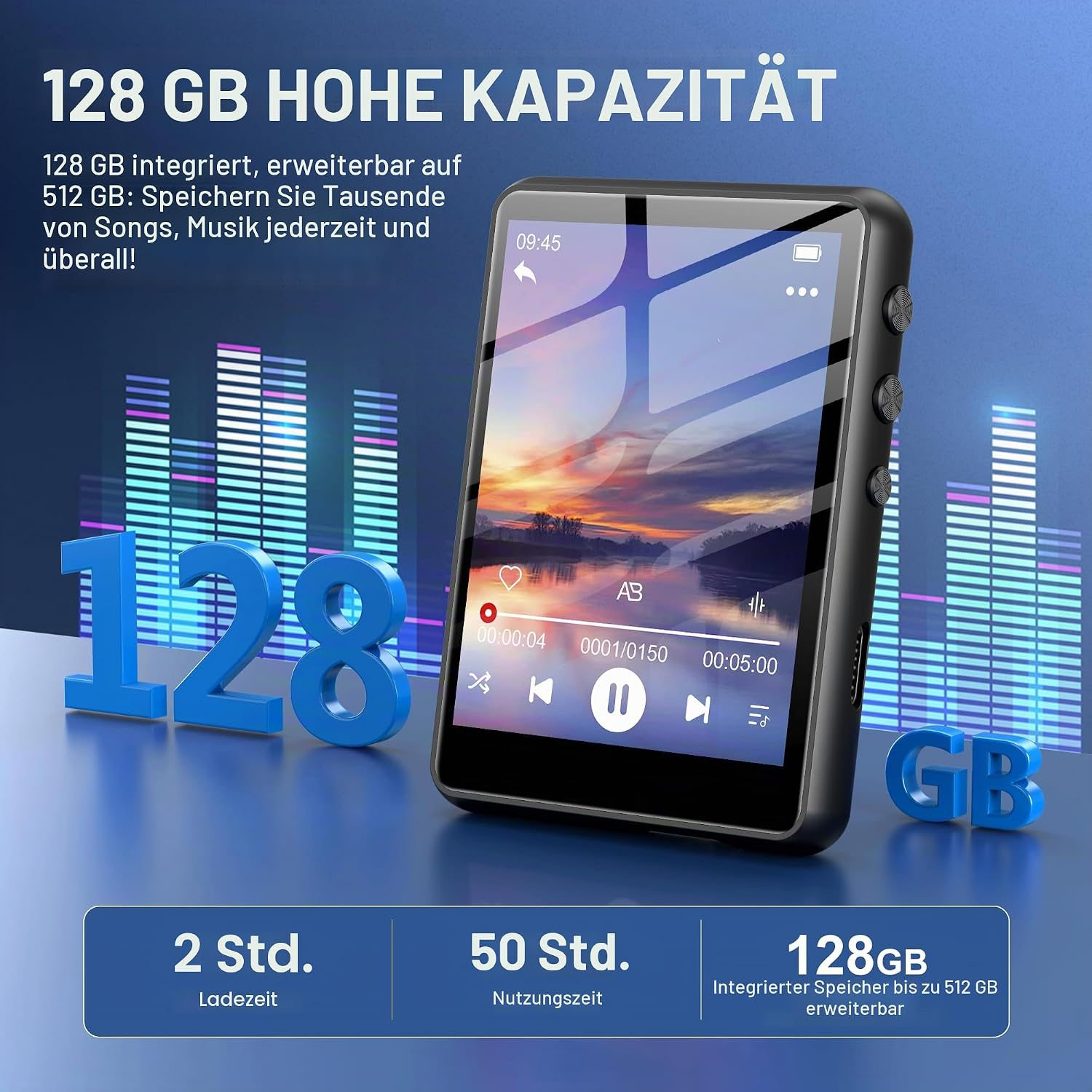 Ein schwarzer MP3-Player mit Musikbildschirm, blauen Equalizer-Grafiken und Text zur 128-GB-Kapazität.
