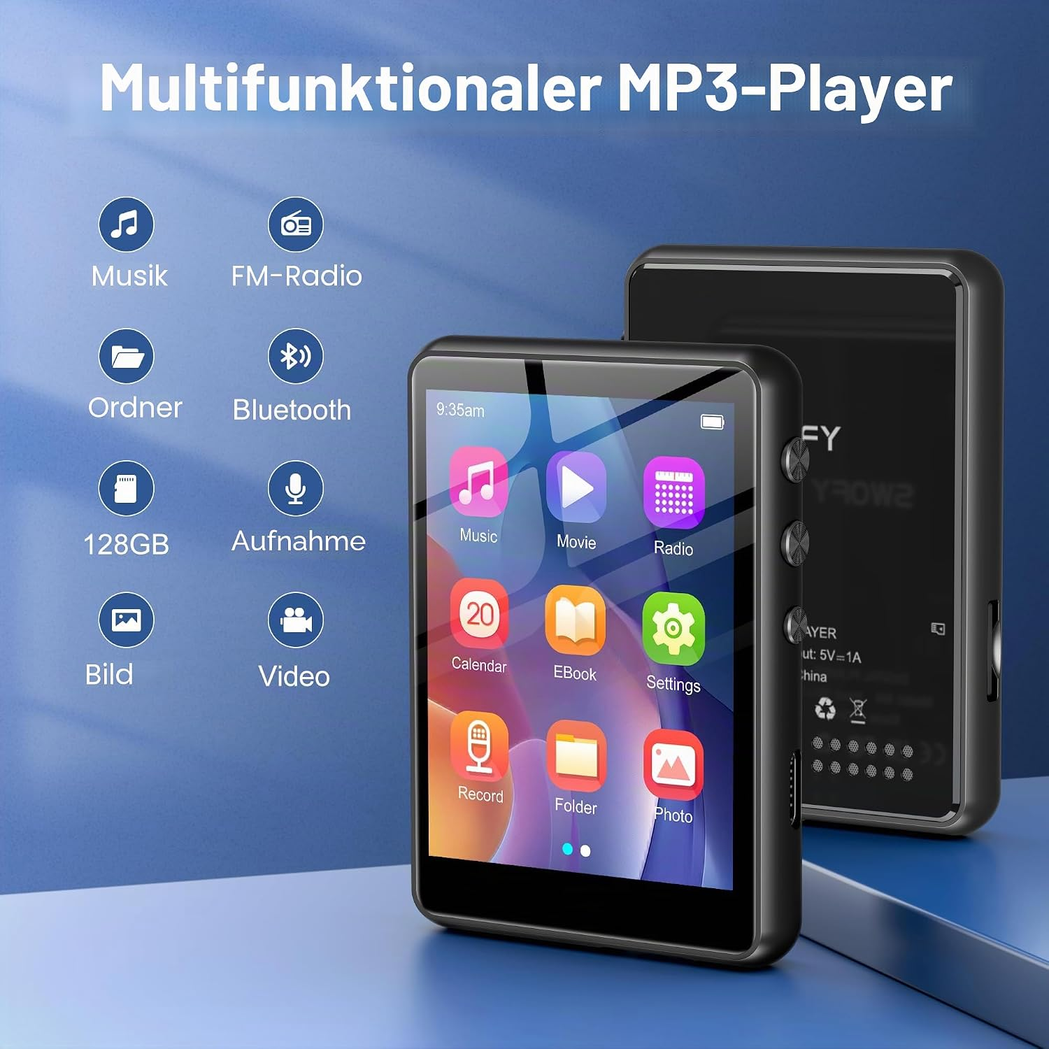 Ein schwarzer MP3-Player mit Touchscreen und Symbolen auf blauem Hintergrund mit Funktionsübersicht.