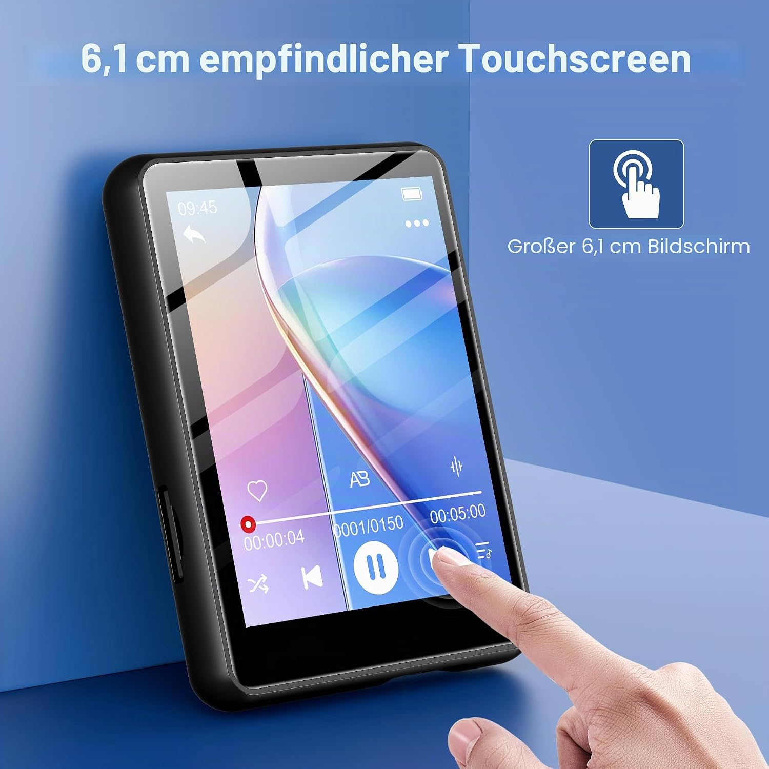 Ein Finger berührt den Touchscreen eines schwarzen MP3-Players mit einem farbigen Display auf blauem Grund.
