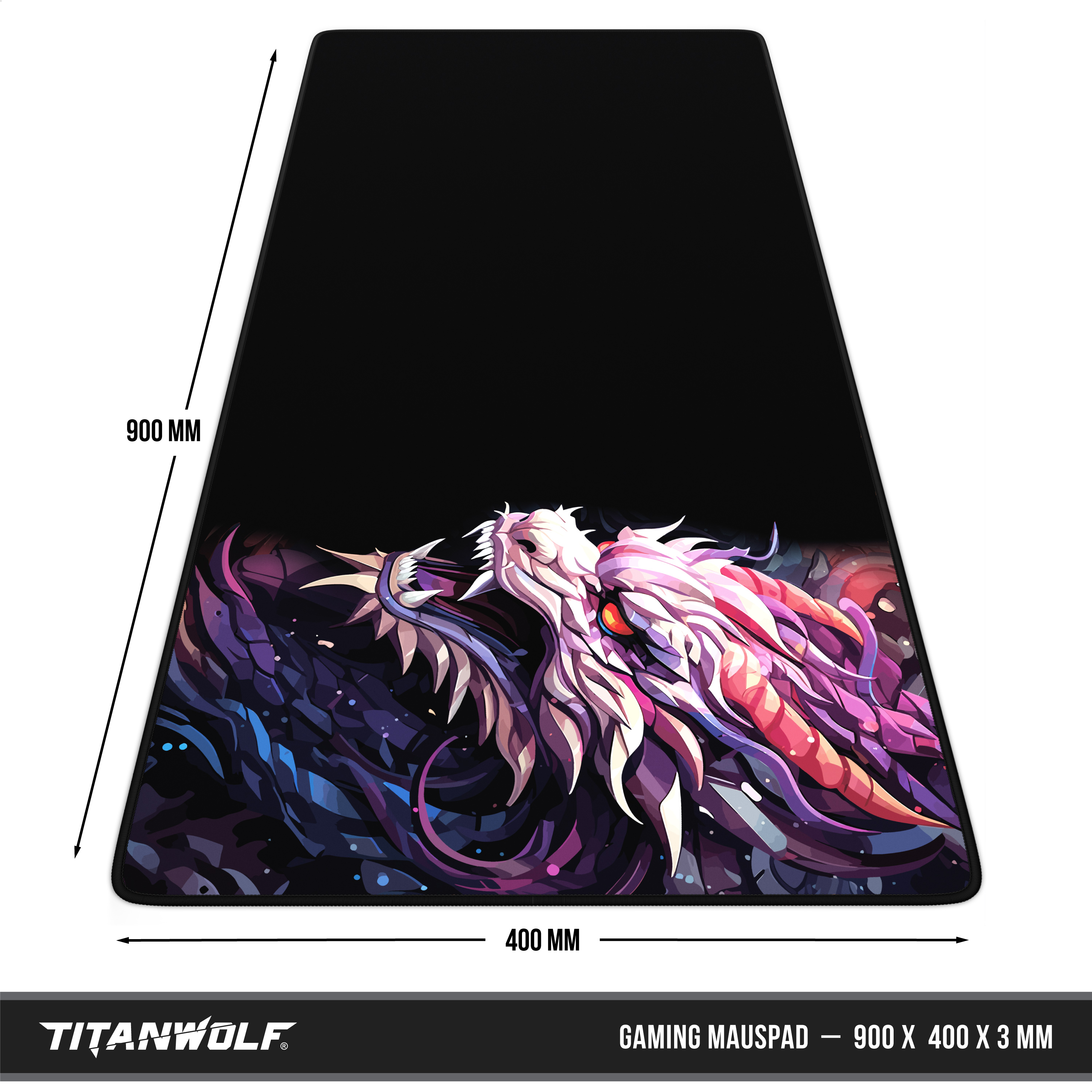 Ein schwarzes Titanwolf Gaming-Mauspad, 900x400x3 mm, mit einer bunten Fantasy-Drachen-Grafik.
