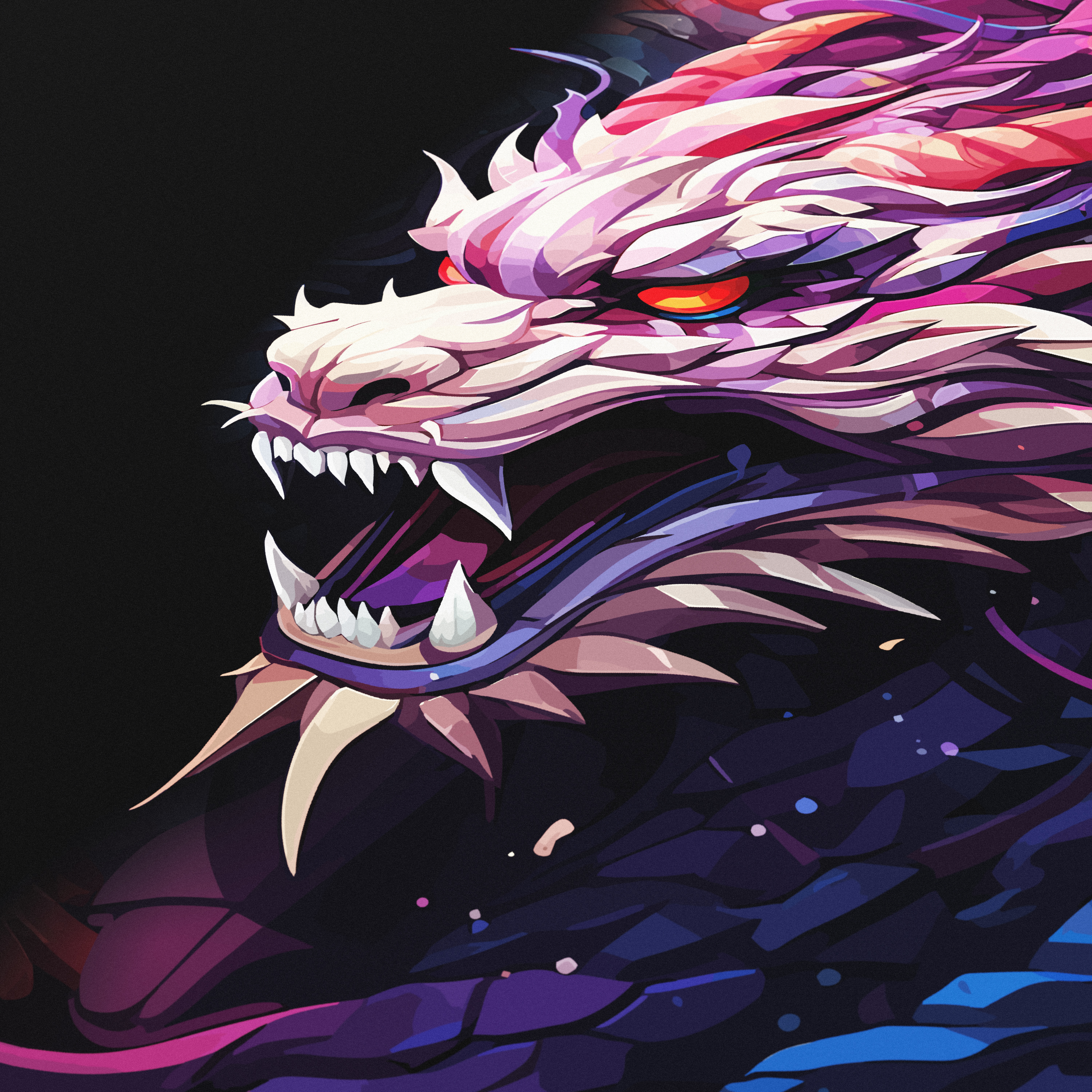 Nahaufnahme eines wilden, farbenfrohen Drachen mit scharfen Zähnen und leuchtend roten Augen.