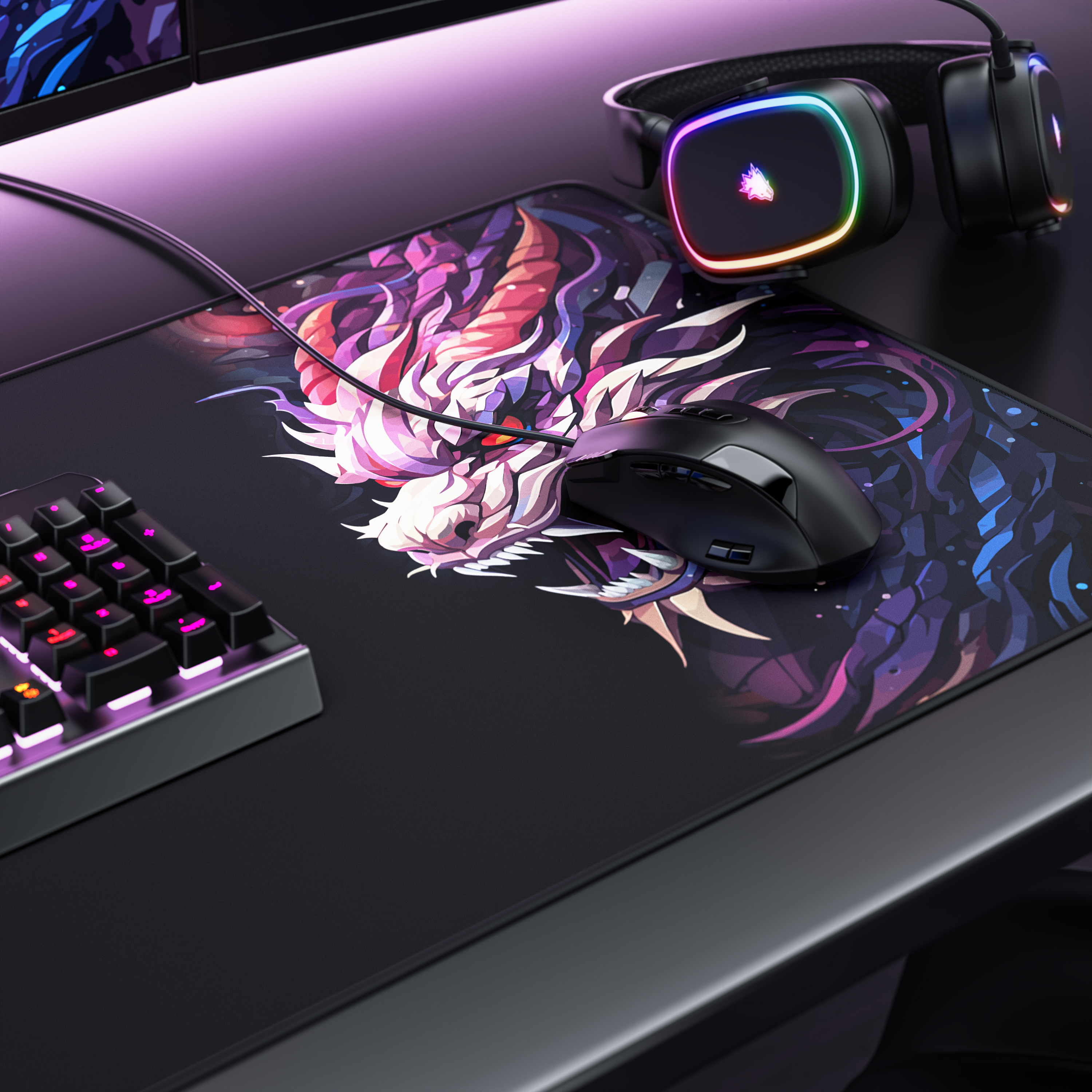 Gaming-Schreibtisch mit farbenfrohem Mauspad, schwarzer Maus, beleuchteter Tastatur und RGB-Kopfhörern.