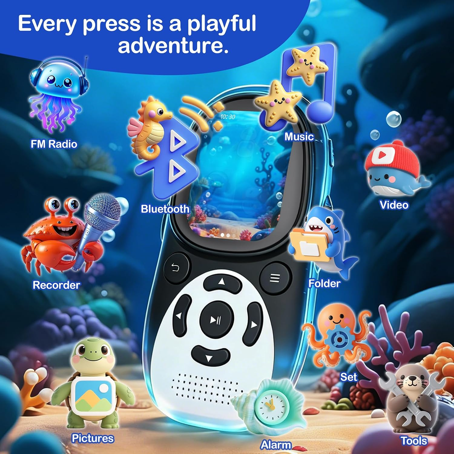 Ein Kinder-Smartphone vor Unterwasser-Hintergrund mit niedlichen Cartoon-Tieren, die verschiedene Apps darstellen.