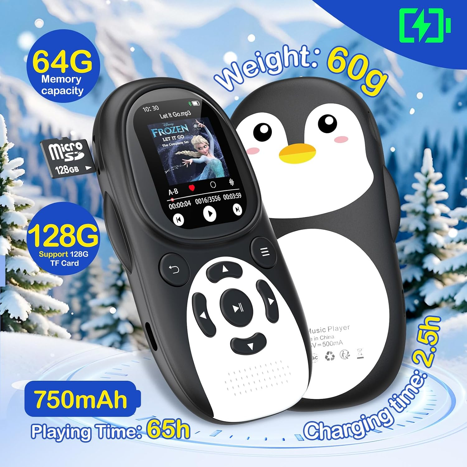 Ein schwarzer, pinguinförmiger Musikplayer vor verschneiter Kulisse mit technischen Daten.