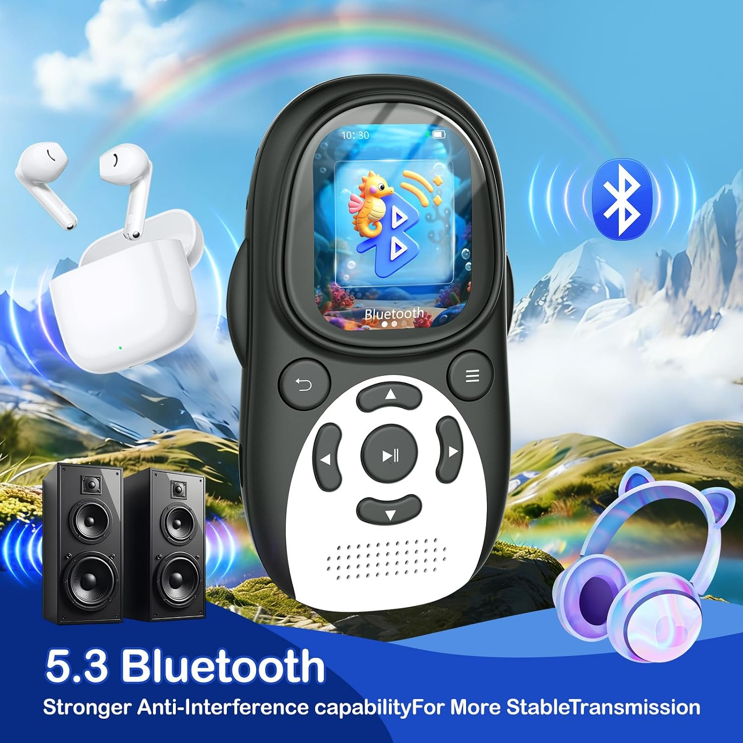 Ein schwarzer Media-Player in der Mitte, umgeben von Bluetooth-Kopfhörern, Lautsprechern und einer Berglandschaft.