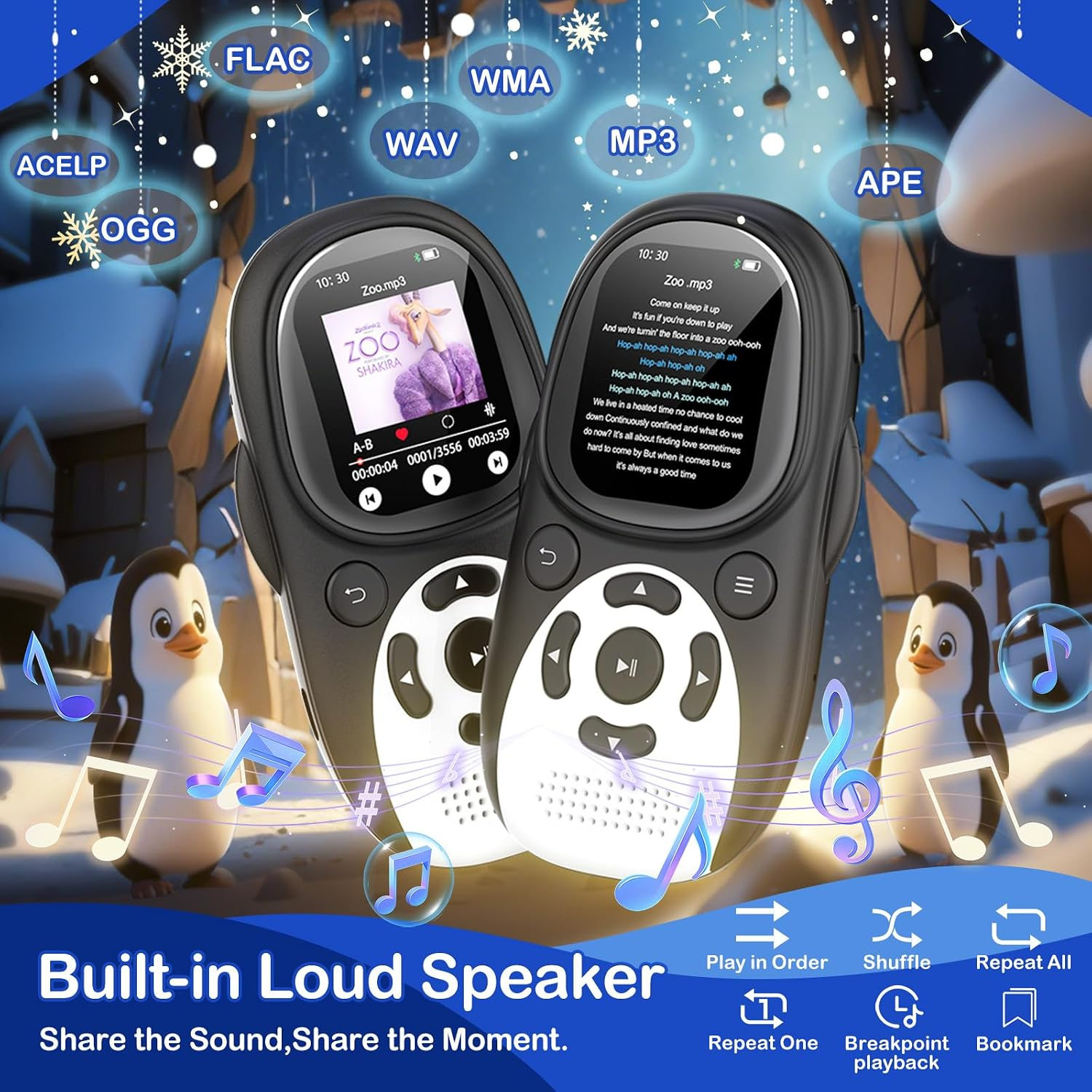 Zwei schwarze MP3-Player mit Lautsprechern, Pinguinen und Musikformat-Symbolen auf blauem Hintergrund.